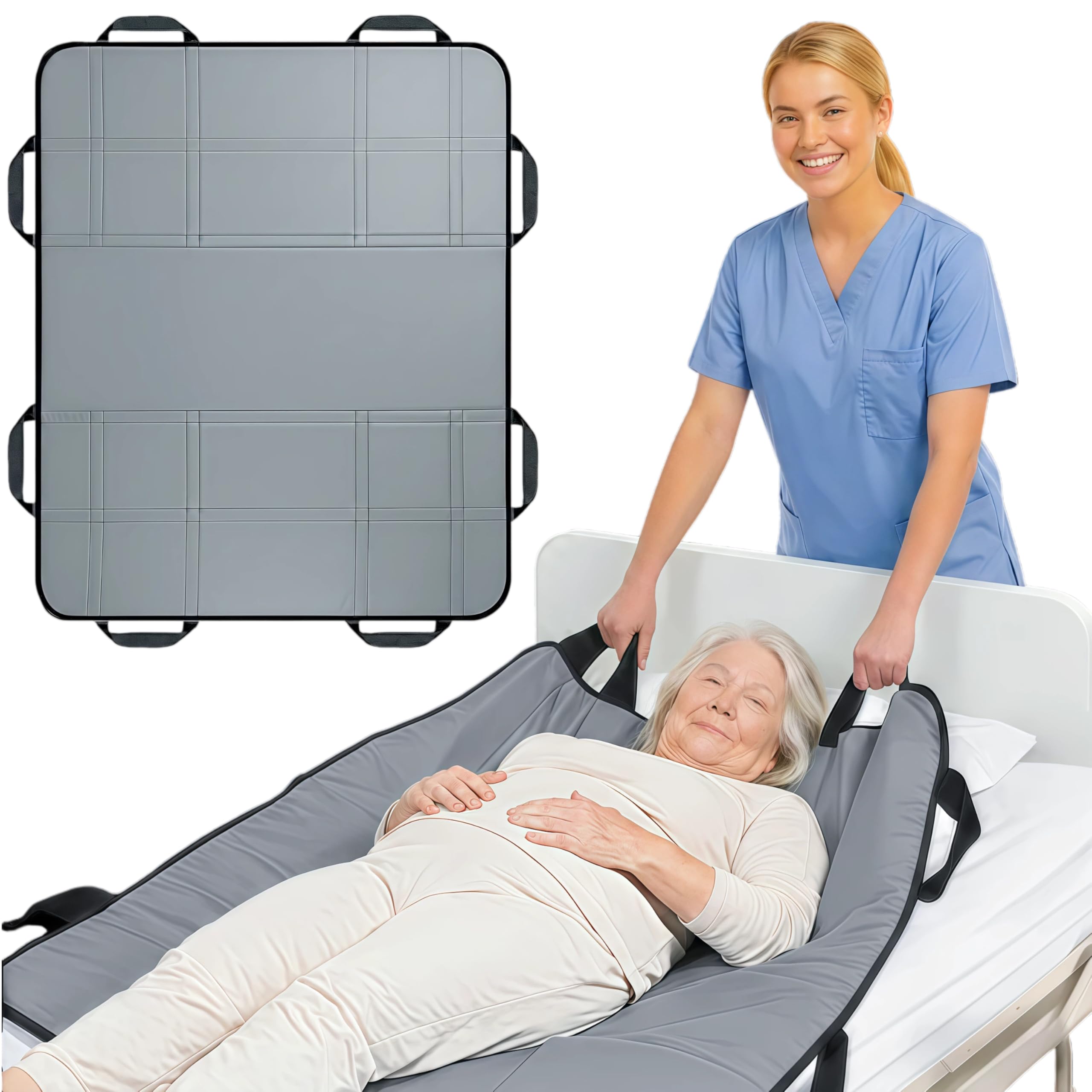 Telo di posizionamento Comfort a 3 strati (120x100 cm) con 8 maniglie, Ausilio impermeabile per il trasferimento e telo scorrevole per assistenza e anziani, Lavabile, portata fino a 220 kg