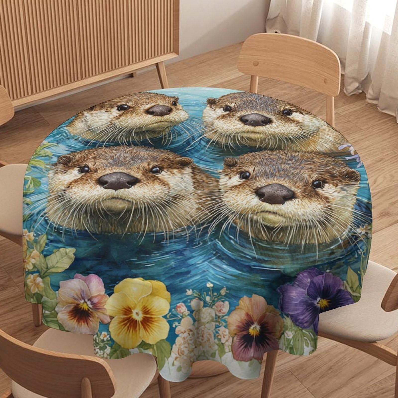LUYYSKY Modern Colorful Cute Otters Waterproof Round Tablecloth Retro Watercolor Art Spring Plants Floral Animals Otters Pattern Washable Table Cover for Kitchen-177.8" Wx177.8 L cm