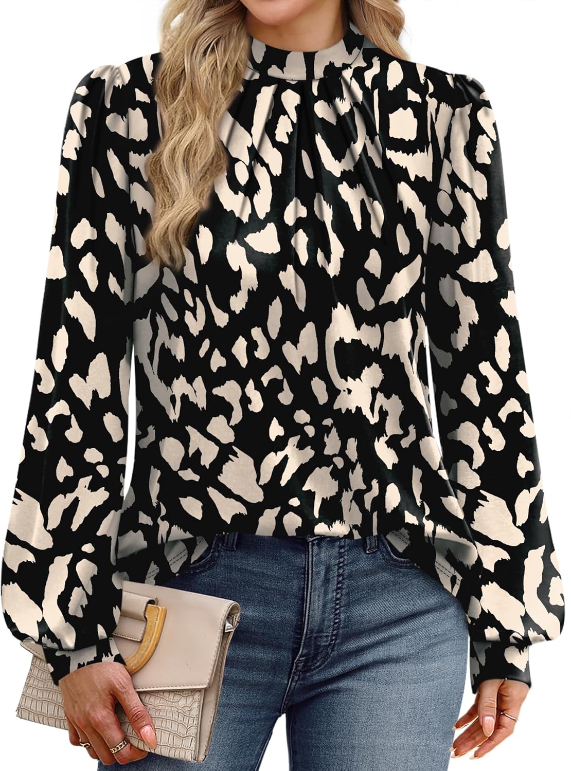 WIHOLL Long Sleeve Shirts for Women Mock Neck Tops Pleated Front Blouses Dressy Casual Spring Fall Clothes 2026 Fashion - Image 3