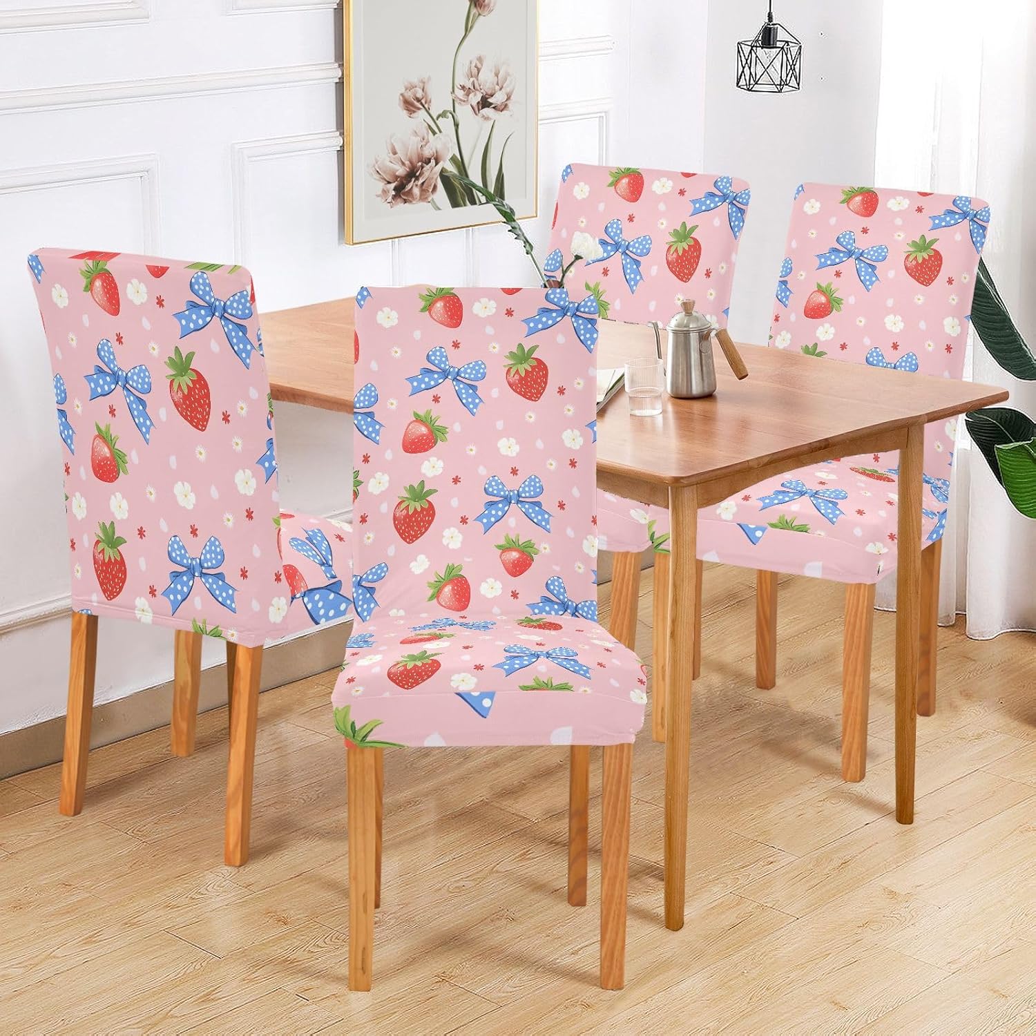 ALAZA Chair Covers for Dining Room, Strawberry Blue Bow Pattern Stretch Chair Cover Sets Chair Protector Removable Washable for Ktichen Restaurant Hotel