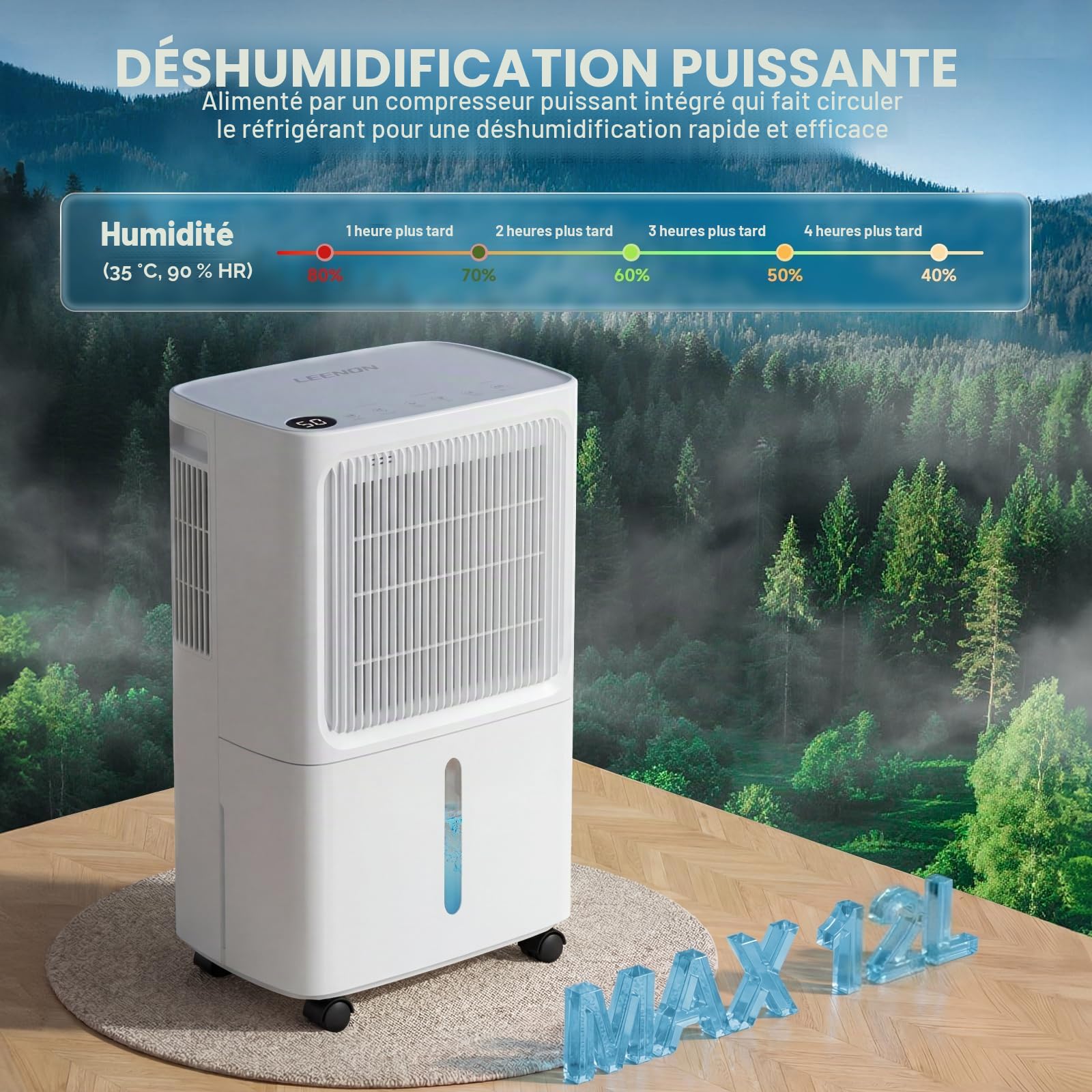 LEENON 12L/24h Deshumidificateur d Air Ultra-Silencieux, Modes Intelligent/Continu/Nuit, Double Système de Drainage, Arrêt/Redémarrage Automatique, Minuterie 24H, 30m² pour Chambre, Cav