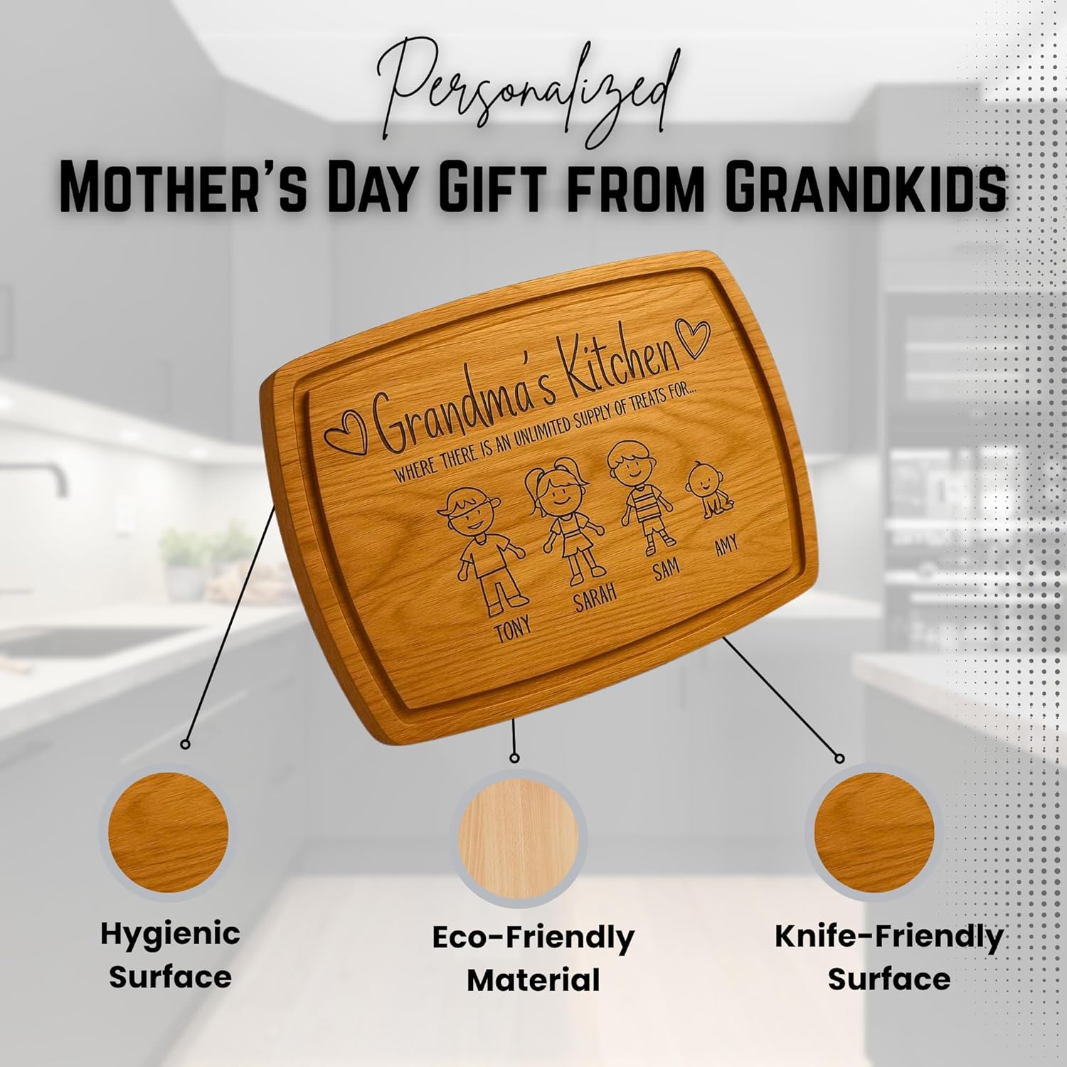 Personalized Cutting Board for Grandma with Family Icons - Custom Engraved Wooden Mother’s Day Gift from Grandkids - Nana Keepsake Kitchen Decor & Serving Tray