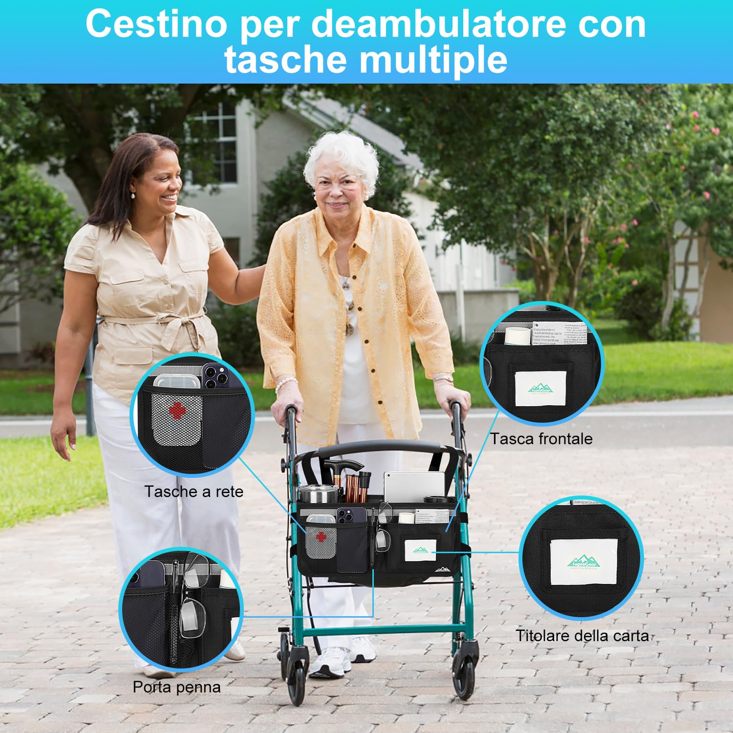 supregear Cestino Rollator, Grande Capacità Organizzatore Borsa con Svariate Tasche, Borsa di Stoccaggio Pieghevole Universale Impermeabile, Accessori per Rollator per Anziani, Nero