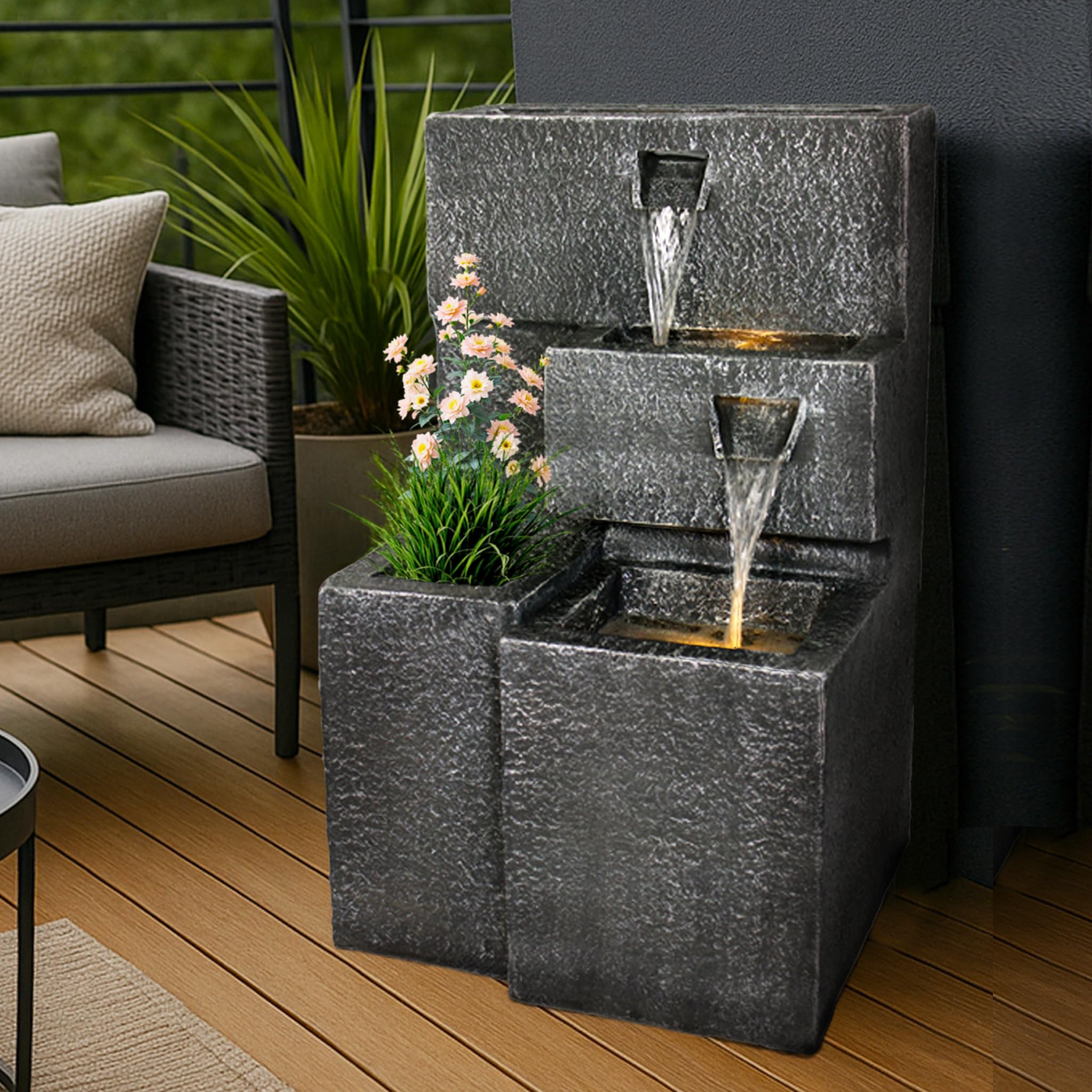 Fontana Da Giardino Arnusa Con LED | 109 Cm Altezza | Cascata D'Acqua | In Poliresina | Nero/Grigio - Foto 5