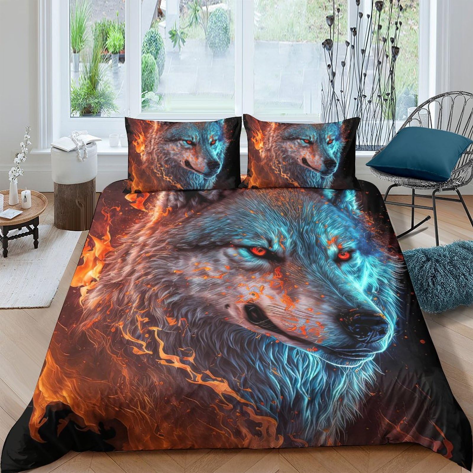 Ctjqhvkz Style-10 3D Printed Fiery Wolf Fitted Sheet Microfiber Soft Breathable Blue Flame Bed Cover For Bedroom Dorm Decor Mattress Protection Single（135X200cm）