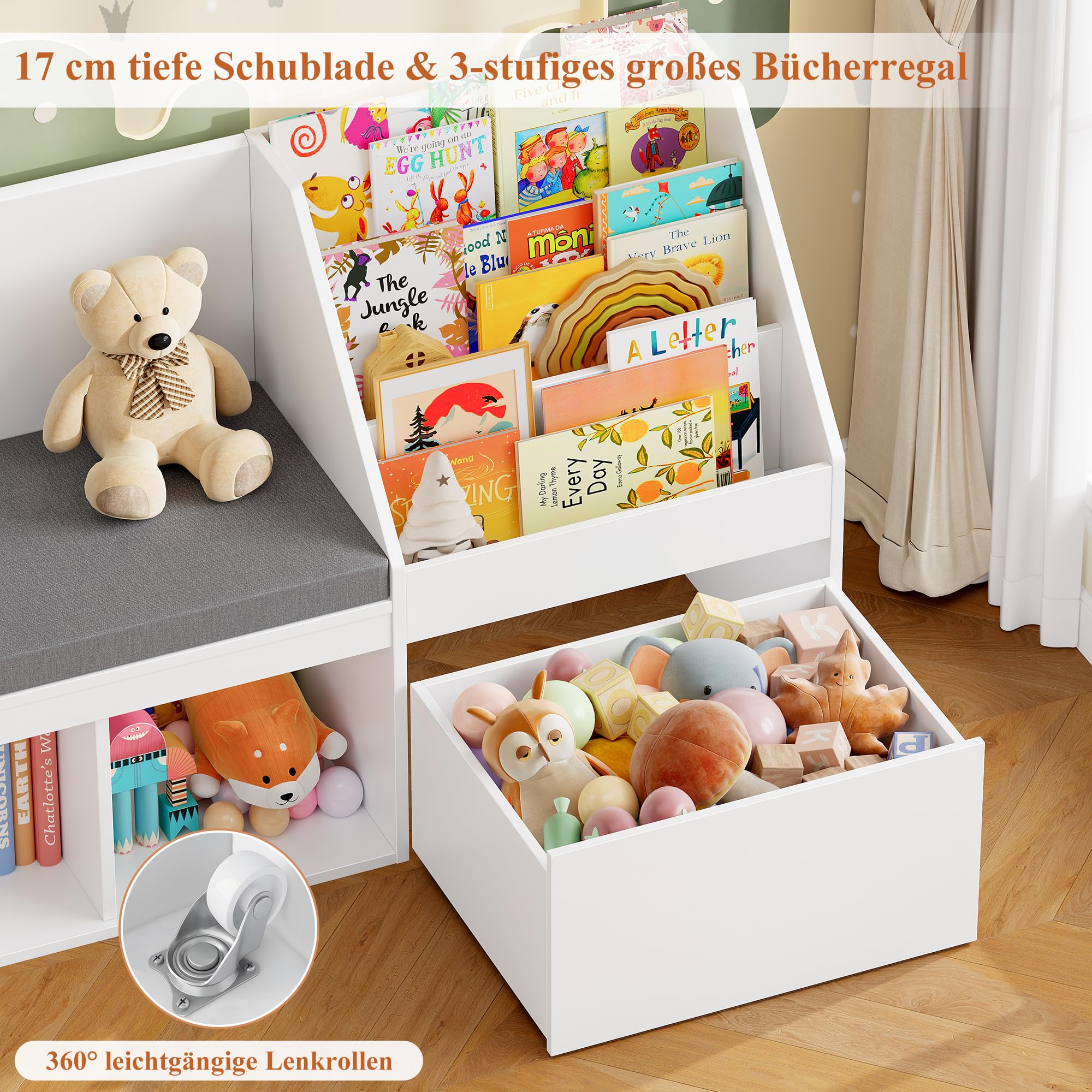 HOCSOK Bibliothèque Enfants, Meuble Rangement Enfant avec Bibliothèque Banc, Étagère à Jouets pour Enfant avec Tiroirs Roulants, Meuble Rangement Jouet, Blanc