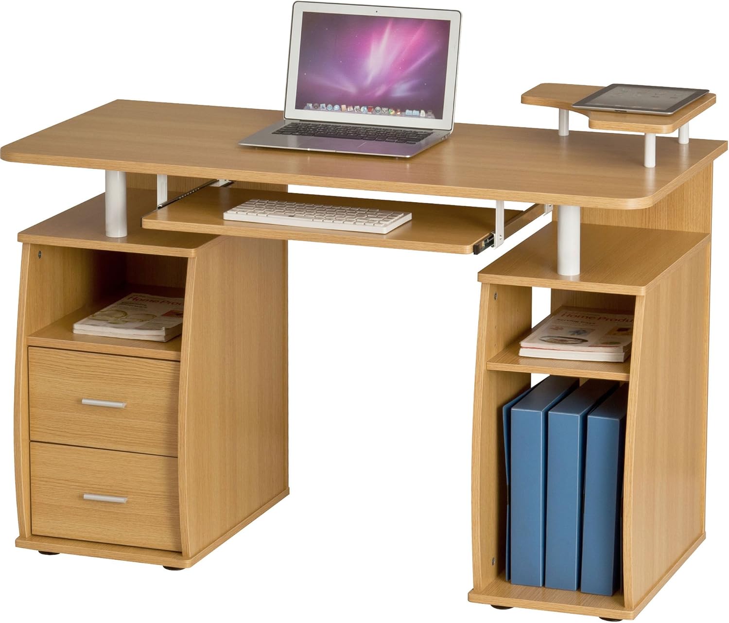 Computer Desk with Shelves, Cupboard and Drawers for Home Office in Oak