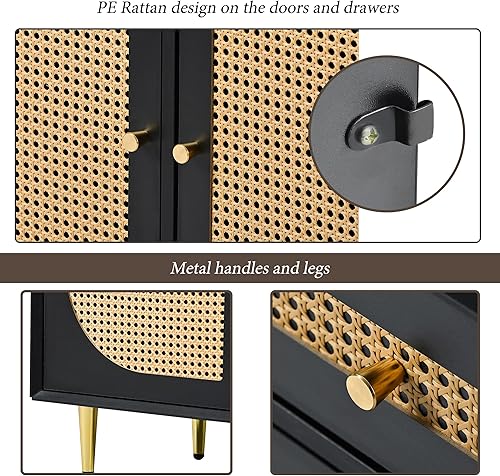 Miniatura 7 de KLMM Soporte de TV tejido único para televisores de hasta 65 pulgadas, mesa consola multimedia con puerta de ratán y estantes ajustables, armario de