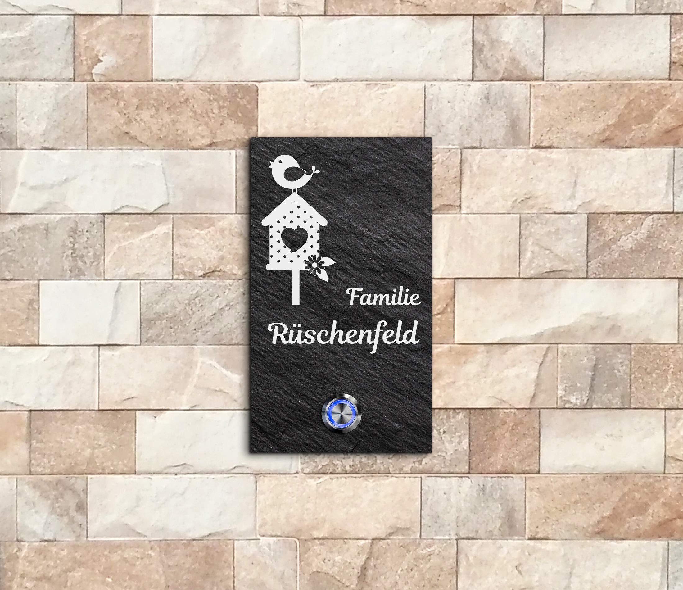 Schiefer Türklingel mit Gravur und LED-Klingelknopf und über 100 Motive | Modell: Rüschenfeld-sch | 10x15 cm Klingel-Taster Klingelschild Klingelplatte Namensschild beschriftet