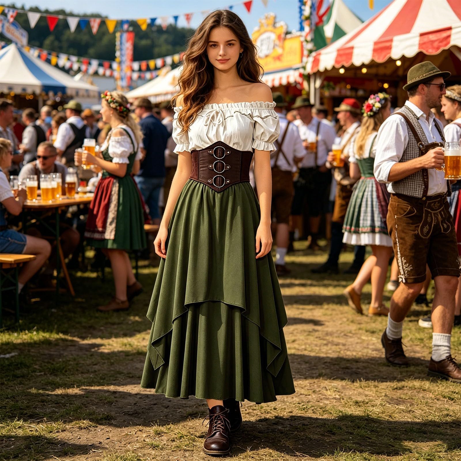 Abbigliamento medievale da donna, costume da pirata da donna, per cosplay, gonna asimmetrica, con maniche a lanterna, schiena scoperta, corsetto da pirata e gonna vichinga, outfit da pirata per