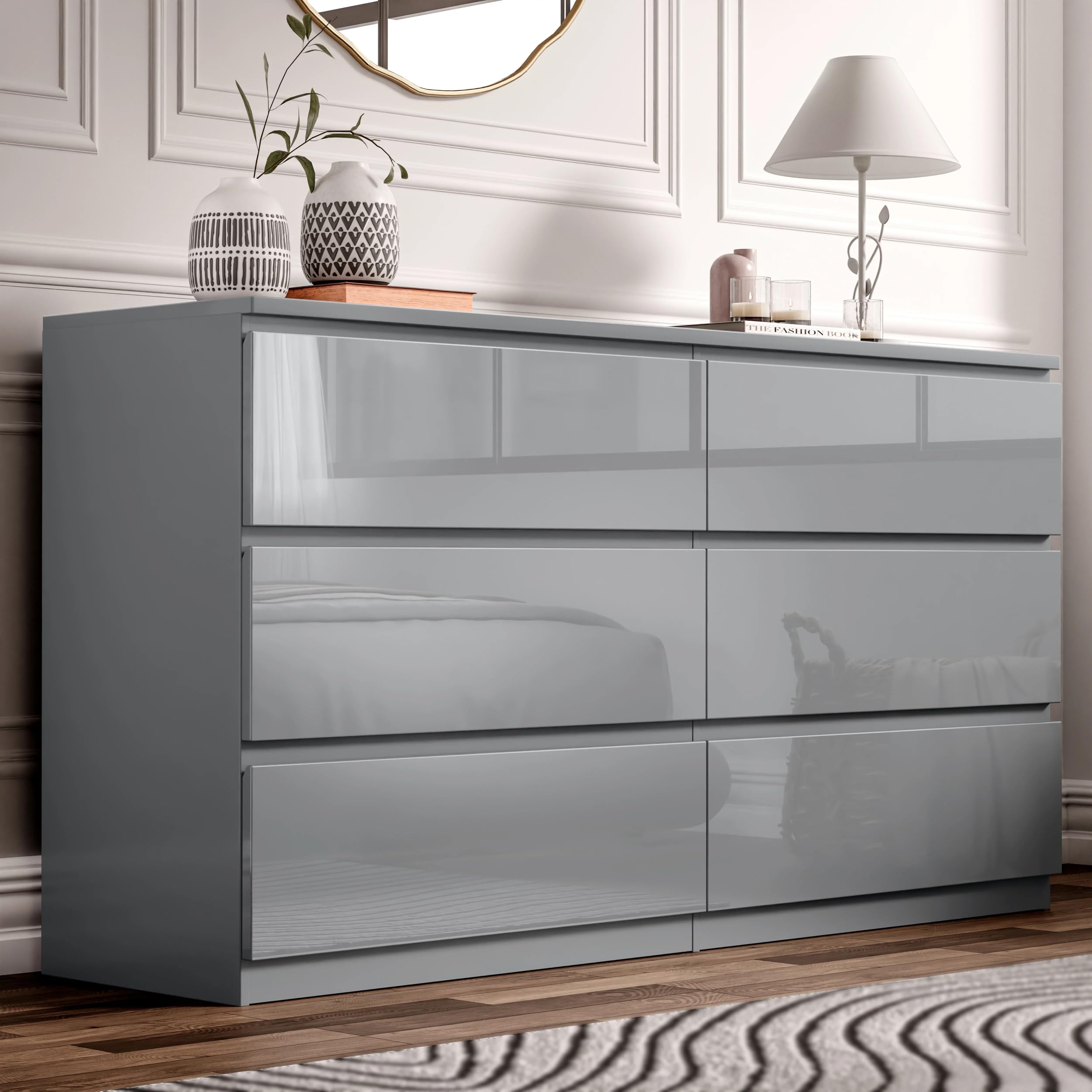 Blisswood Grey High Gloss Chest of Drawers 6 Drawer Bedroom Storage Cabinet with Metal Runners, Chest for Clothes Storage, Modern Living Room Hallway Nursery Office Furniture, 40D x 120W x 77H CM — image 1