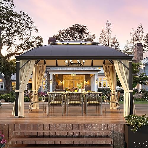 YOLENY Gazebo de techo rígido de 12 x 14 pies, glorieta permanente de aluminio para exteriores con techo de arco doble compuesto de aluminio para