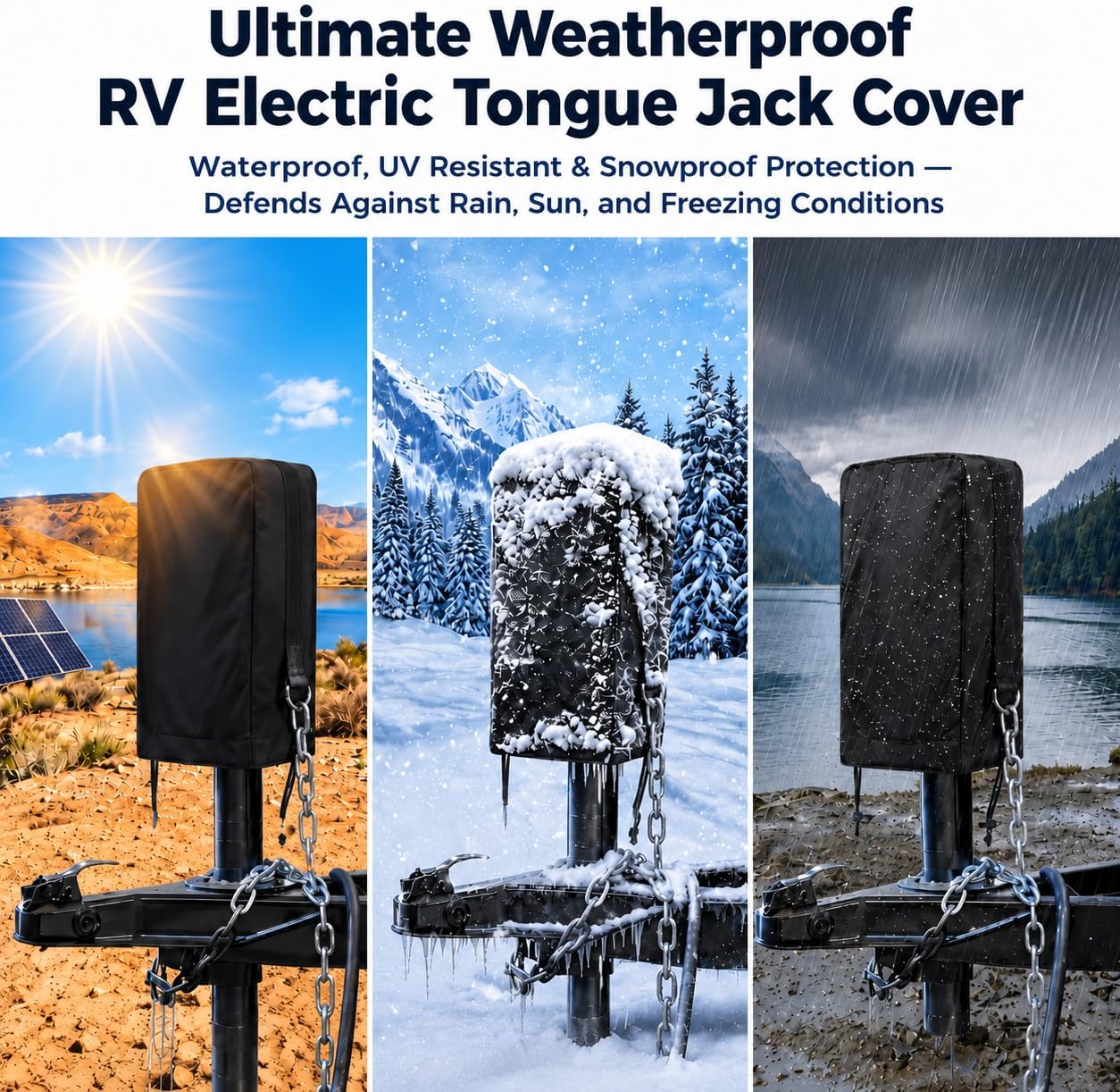 2 Pack Waterproof Electric Tongue Jack Cover for RV Travel Trailer Camper Power with D Ring Chain Hooks, 600D Universal Utility Jack Top Protector for Outdoor Camping