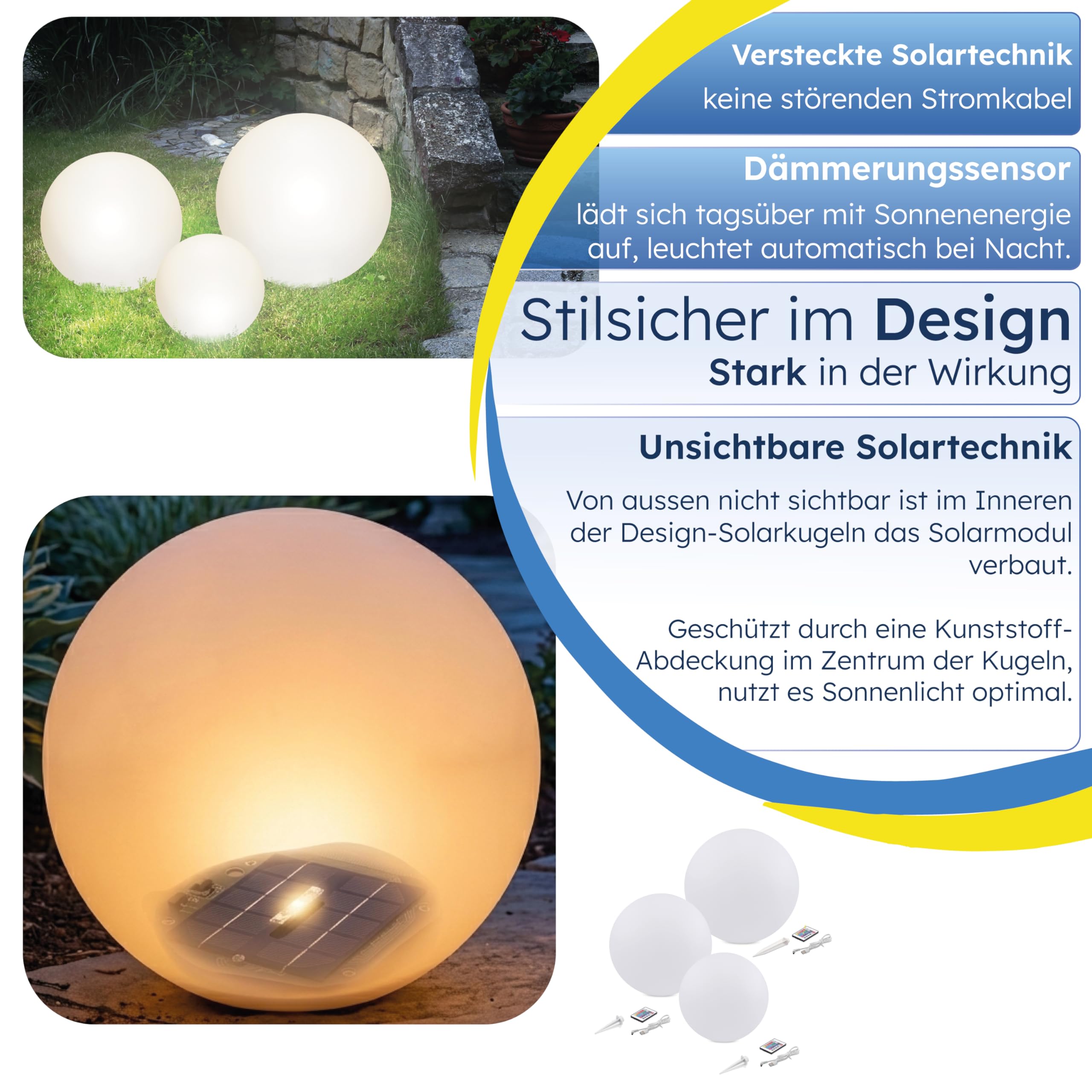 Esotec Solarkugeln Siena, 3er Set, multicolor, 20+30+40cm, Fernbedienung, USB, 16 Leuchtfarben, Akku, Solarmodul, Erdspieß, Solarleuchte, Kugelleuchte, außen, winterfest, wetterfest, 102895
