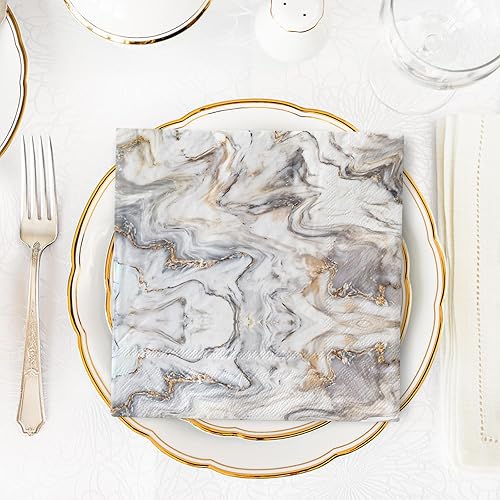 Miniatura 4 de AnyDesign Paquete de 100 servilletas de papel de mármol, desechables, elegantes, color gris y dorado, para fiestas, servilletas de mano de lujo para