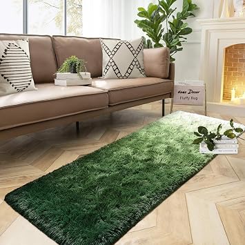 DweIke Luxury Shaggy Runner Rugs for Bedroom, 2x6 Feet Fluffy Runners Carpet for Girls Boys Kids, Non-Slip Extra Comfy Plush Bed Beside Rug for Living Room Nursery Home Decor, Forest Green