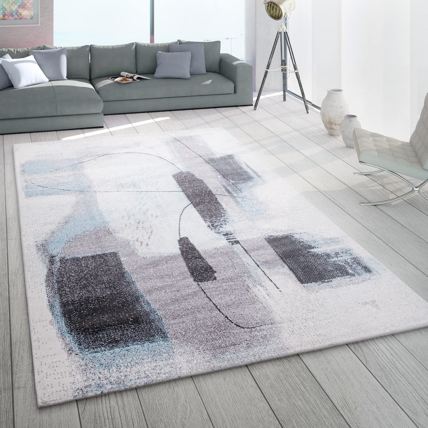 Alfombra Salón Pelo Corto Moderno Motivo Vintage Abstracto Color Pastel Gris Turquesa, tamaño:160x230 cm