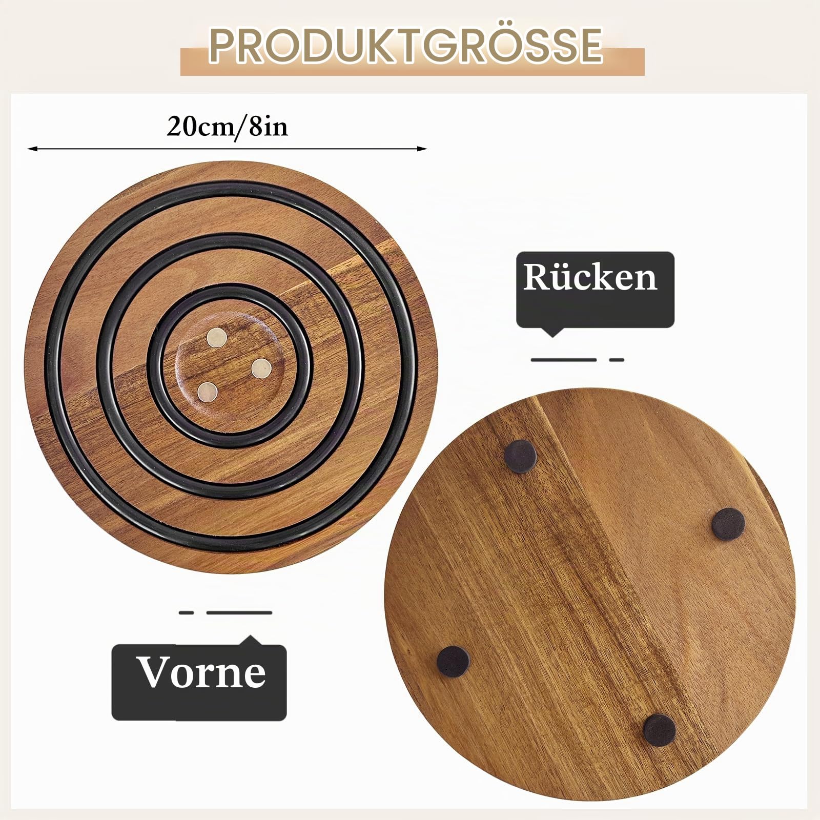 Magnetische Untersetzer aus Holz für heiße Töpfe und Pfannen, hitzebeständiger Untersetzer aus Akazienholz mit gepolsterten Silikonstreifen für Le Creuset Dutch Ovens heiße Gerichte und Töpfe,