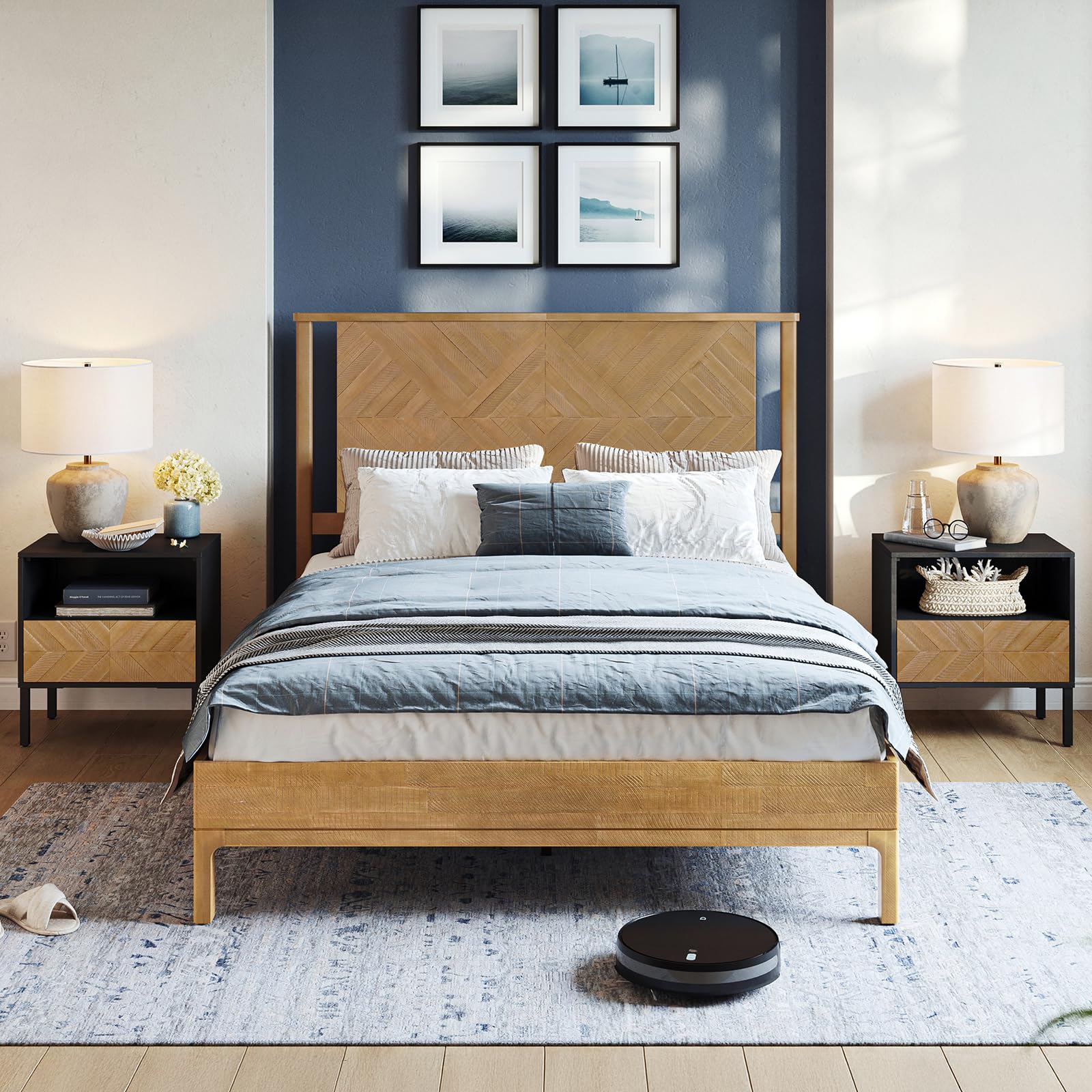 Photo 1 of Bme Ethan Queen Bed Frame with Diamond Headboard, Mid Modern, Solid Acacia Wood, No Box Spring Needed, Fits All Mattresses, Rustic Seadrift
