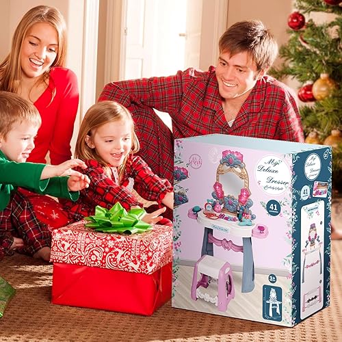 Miniatura 7 de VViN Juego de tocador para niñas con luz y música, mesa de tocador de princesa con taburete, tocador de maquillaje con corona, cetro, guantes y