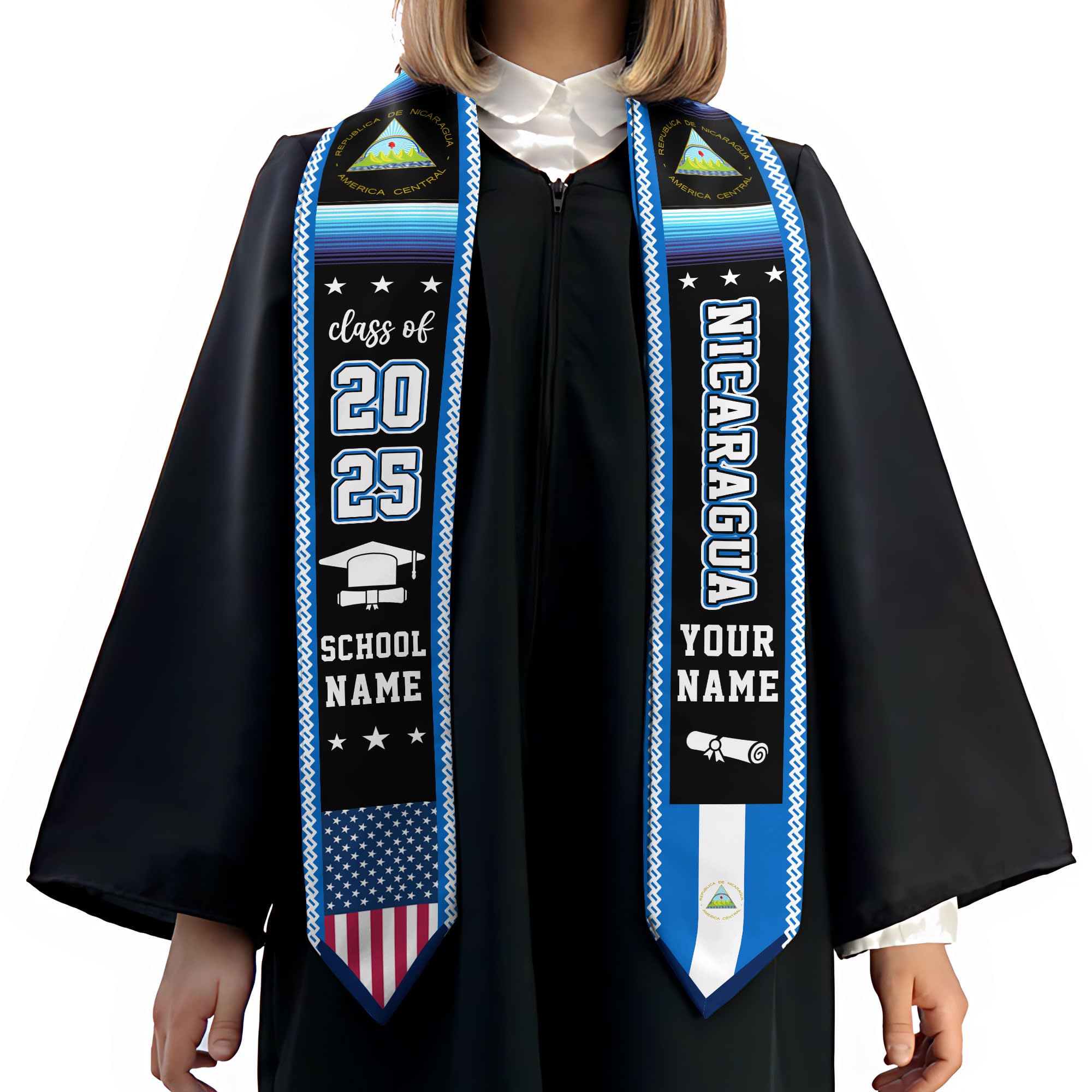 MonkeyVan Personalized Nicaragua Graduation Stole,Custom Nicaraguan Flag Graduation Sash,Nicaragua Stole Class of 2025 Sash S7