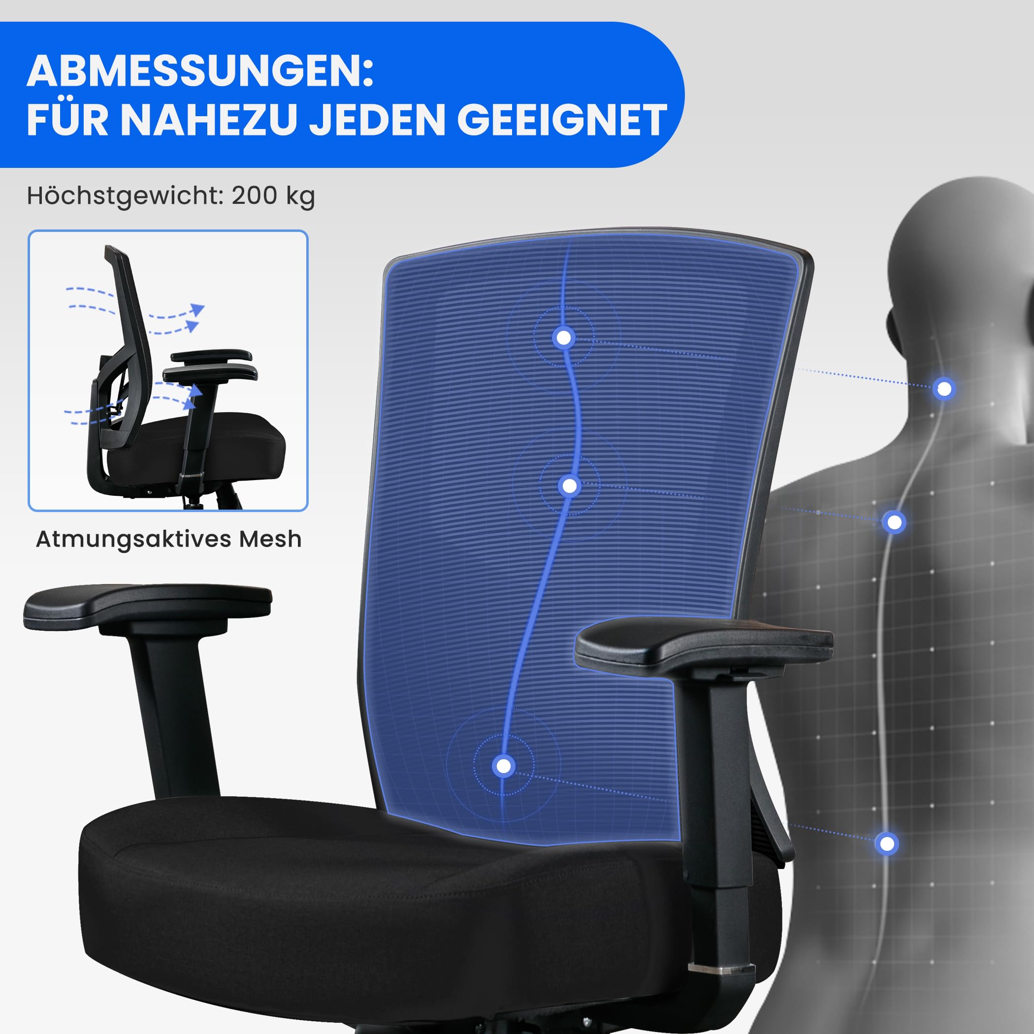 Fantasylab Bürostuhl 200KG Ergonomischer Schreibtischstuhl mit Extra Breite Sitzfläche Offce Chair mit 13cm Memory-Schaum Chefsessel mit Verstellbare Lendenwirbelstütze
