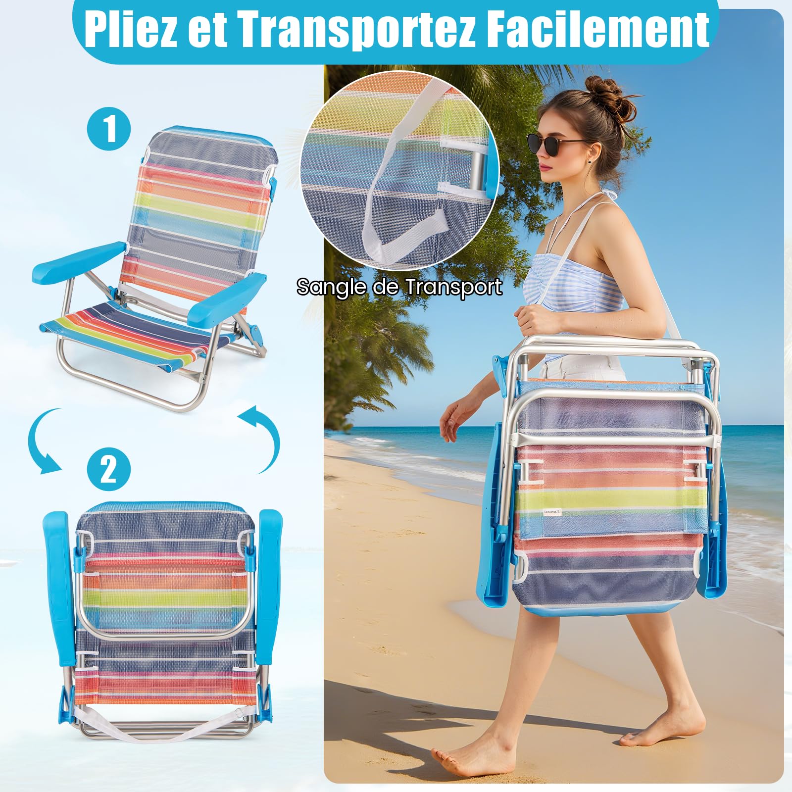 COSTWAY 2PCS Chaises de Plage Pliables à 5 Positions, 64 x 63 x 74 cm