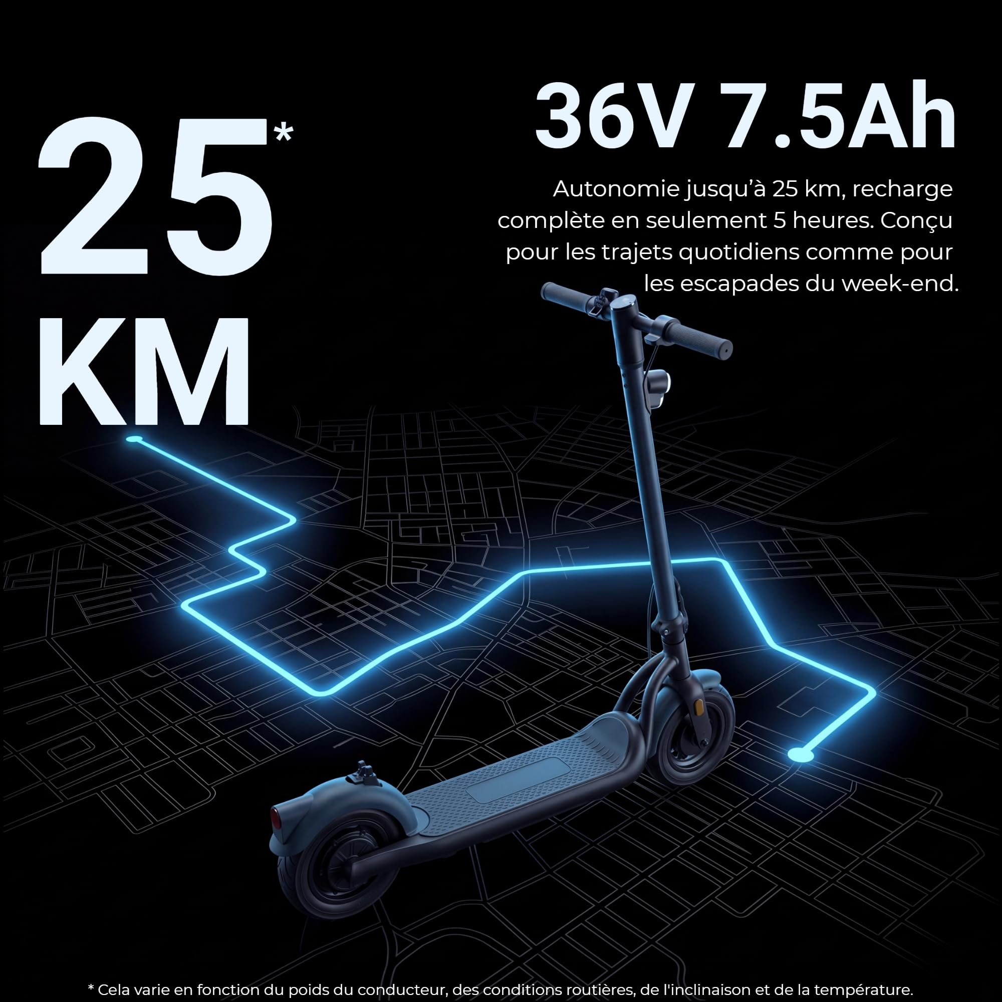 N5 Trottinette électrique 25 Km Autonomie Pneu 10" avec Chambre | Moteur 350W, Pente 18%, Double Frein, Traction arrière, Système BMS, Système TCS, Pliable, Légère 15,8 Kg, IPX4