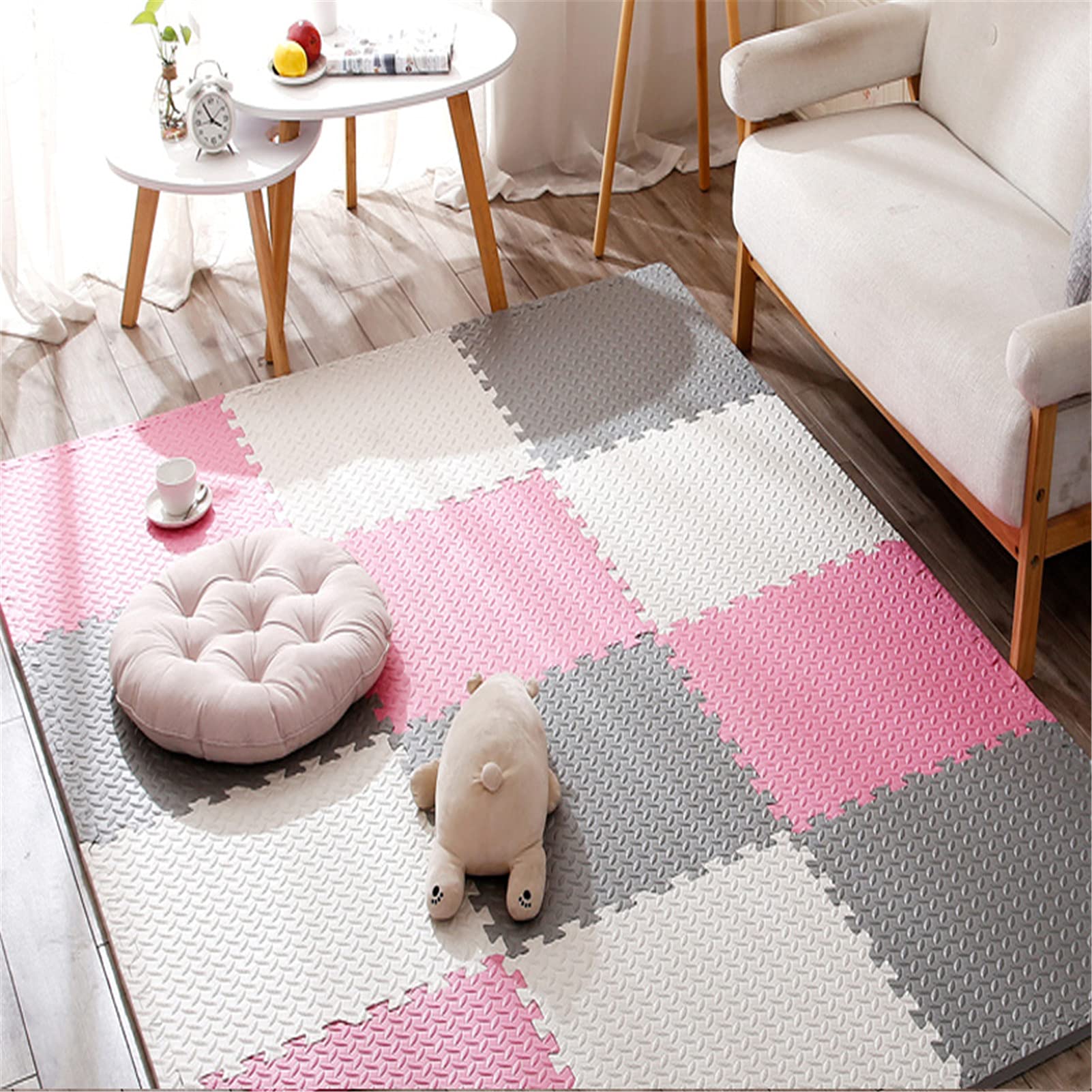 Tapis Puzzle avec Bords Mousse EVA Douce, 30x30x2.5cm Tapis de Jeu pour Enfants Tapis de Puzzle pour Chambre d'enfant Salon Salle de Sport Piscine,White+Pink+Gray,24
