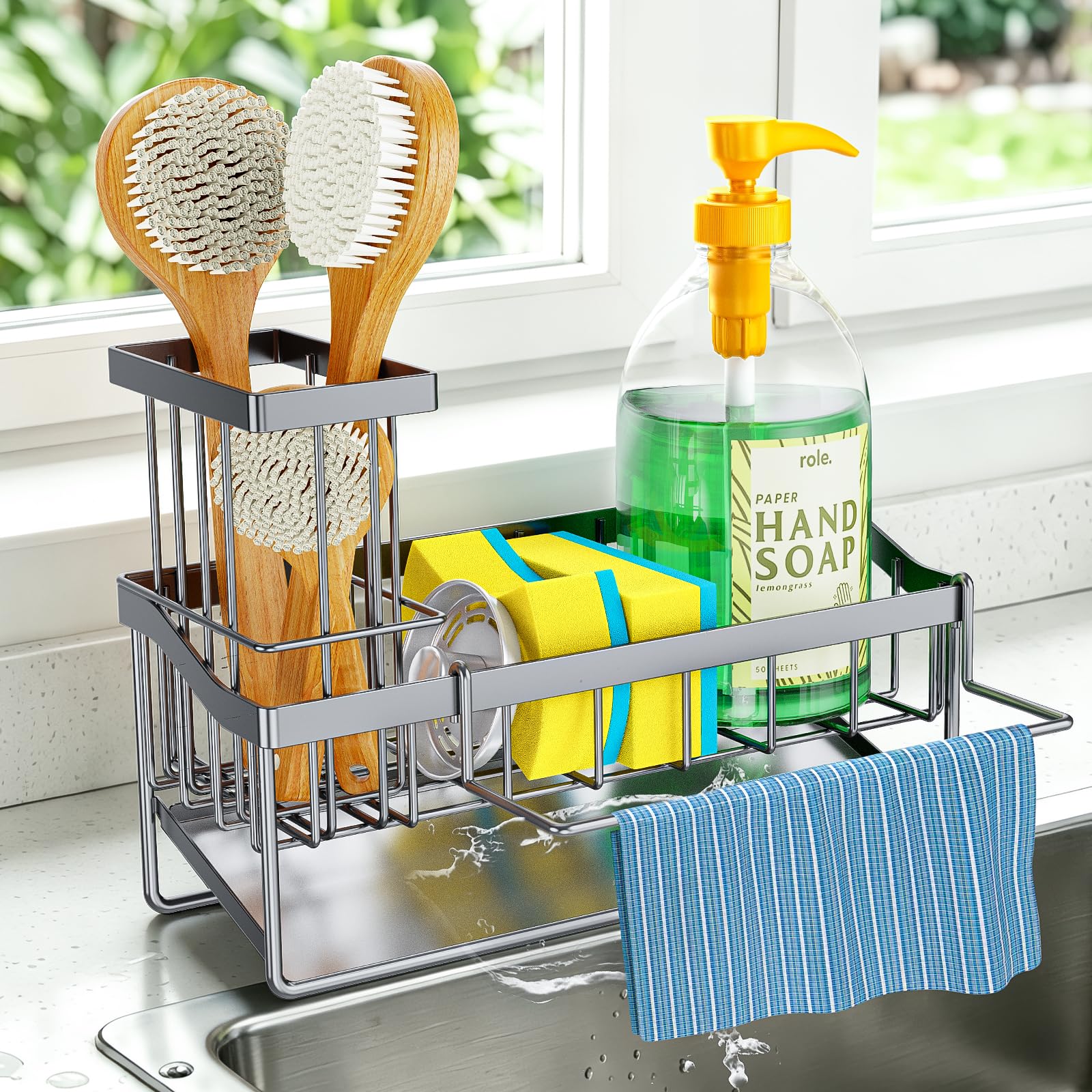 Pkbd Silver Self-Draining Sink Caddy – Holds Sponge & Dishcloth,