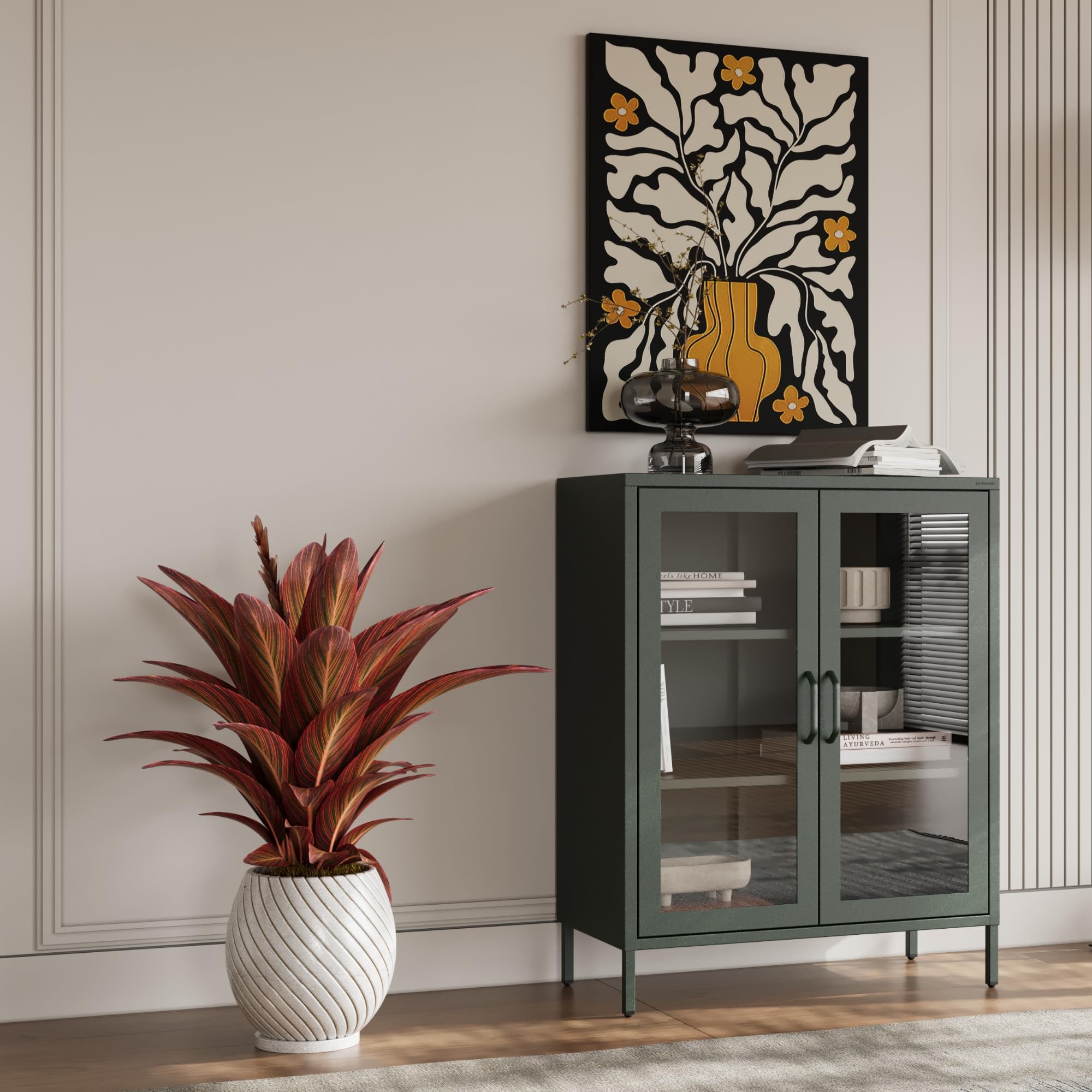 Jan Nowak 2-türiger Vitrinenschrank - GINA - 2 verstellbare Ablagen, Gehärtetes Glas, Wandmontage - Glasvitrine Stehend, Vitrine Glas, Wohmzimmerschrank Glitzernd - 80 x 101,5 x 40 cm - Flaschengrün