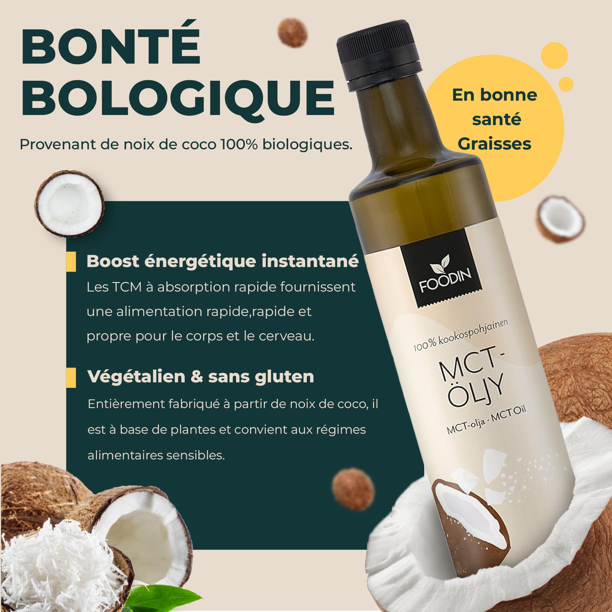 FOODIN Huile MCT 100% Huile de Coco,Triglycérides à Chaîne Moyenne (MCT), Sans Gluten & Végétalienne, de Coco Pure pour Athlètes, Idéale pour Régimes Cétogènes & Bienfaits Santé, 2 x 500 ml