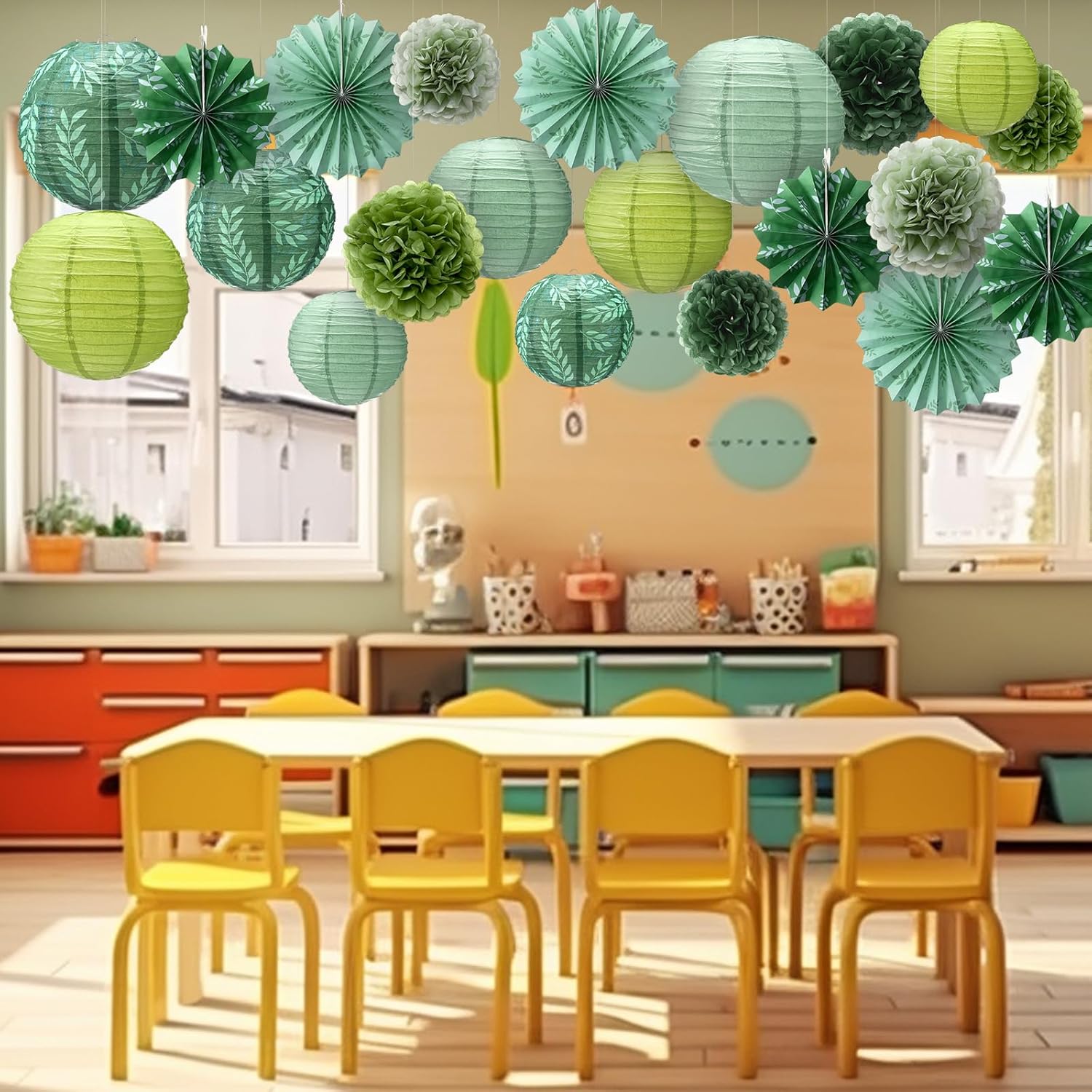 Soulchen 18 Pcs Greenery Classroom Decor Sage Green Paper Lanterns Set Classroom Ceiling Hanging Decorations Hanging Greenery Tissue Pom Poms Fans Decor for Neutral School Boho Birthday Party
