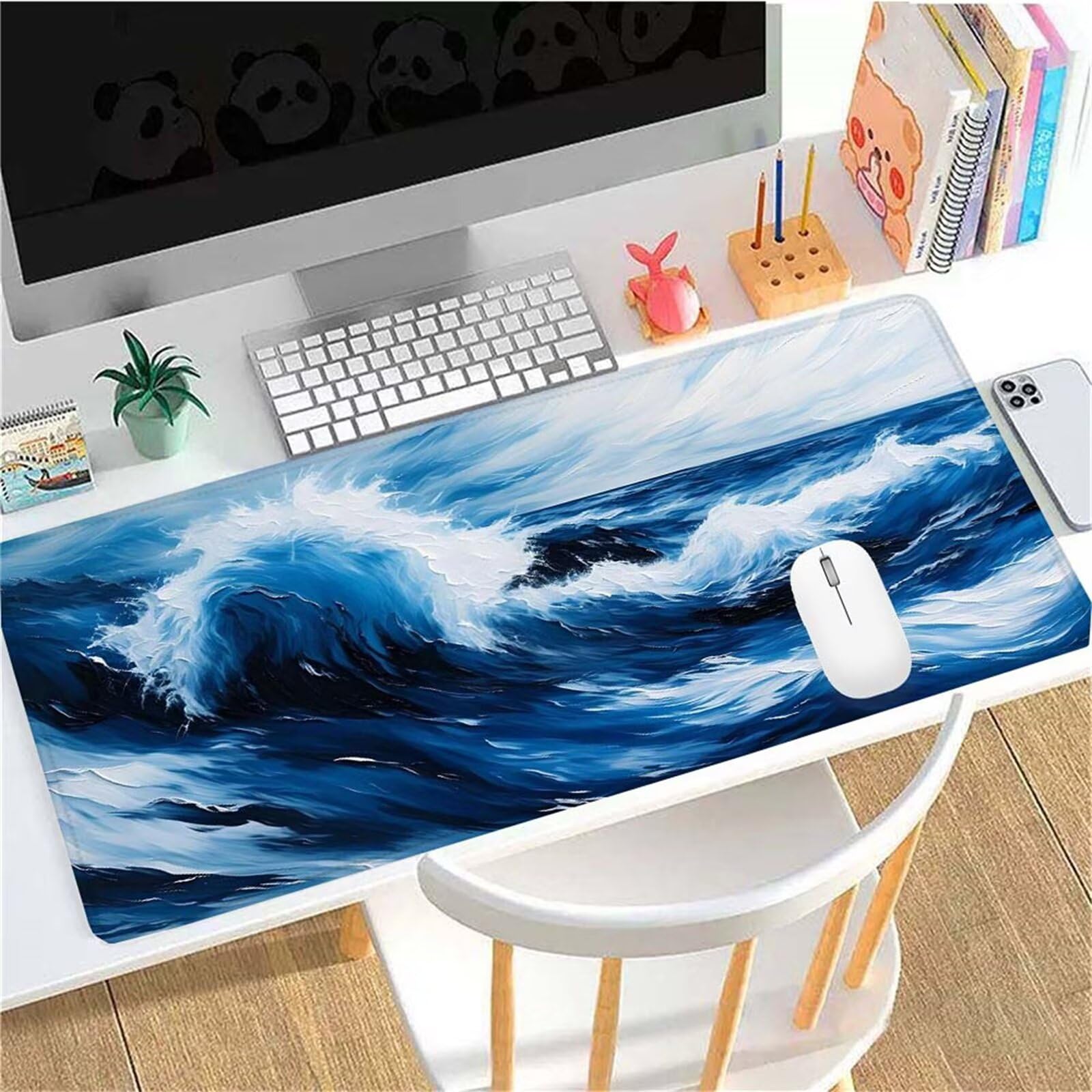 Alfombrilla Ratón Japón Ondas Alfombrilla Ratón XXL 1400x600x3mm Mouse Pad Resiste Salpicaduras, Extendida de Gran Tamaño con Bordes Cosidos, Mejora Precisión y Velocidad,Antideslizante,Duradera y-391
