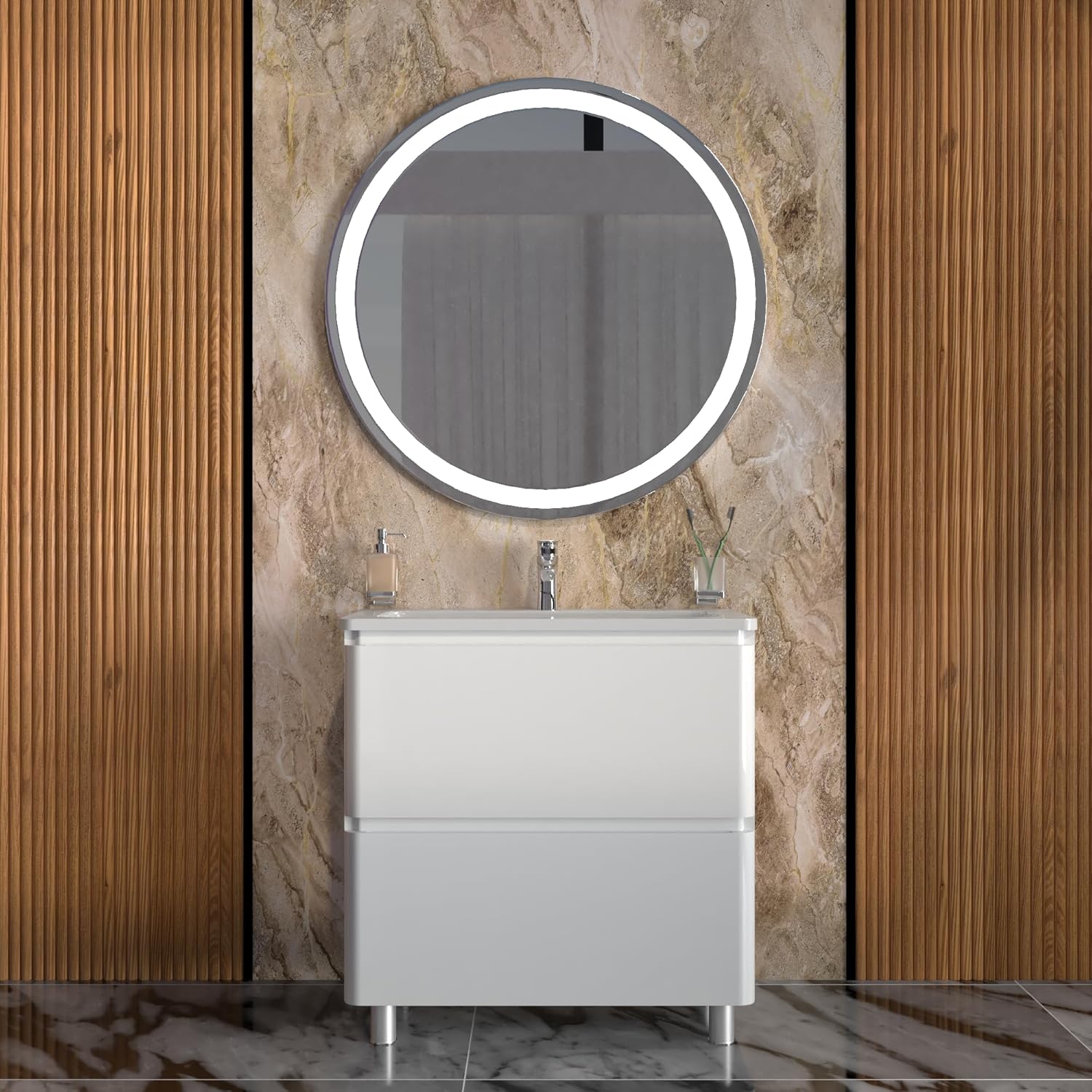 Modern Free Standing Bathroom Vanity with Washbasin | Comfort White High Gloss Mirror | Non-Toxic Fire-Resistant MDF-64 (32+32)-Omega Mirror 24"