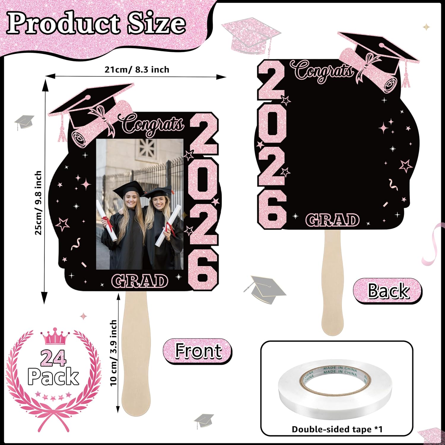 THAWAY 24 Pcs Graduation Fans with Wooden Handle Double Sided Personalized Fans, 2026 Graduation Gifts DIY Hand Fans Blanks for Celebrate Graduation Party Souvenirs (Pink)