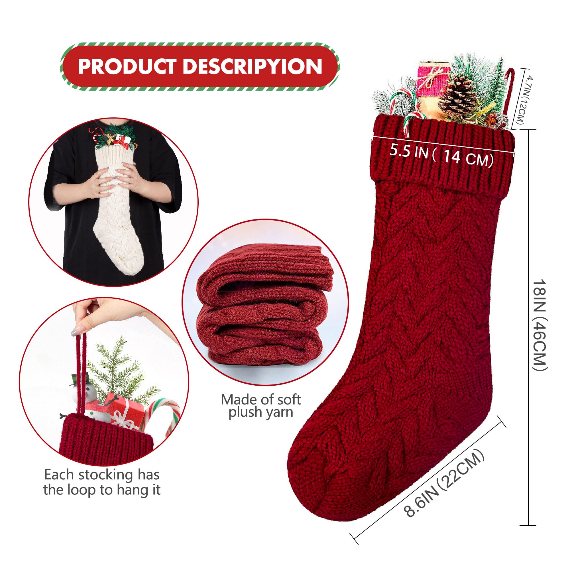 Set di calze natalizie classiche da 8,1 cm, a maglia, grandi e classiche, da appendere al caminetto, per bambini, per feste di famiglia, feste, decorazioni natalizie (rosso, bianco, verde)