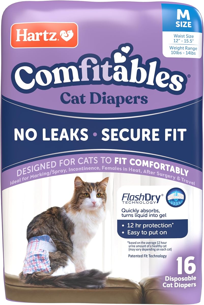 Pañales Hartz Comfitables para gatos, medianos, 16 unidades, ajuste cómodo y seguro, fáciles de poner