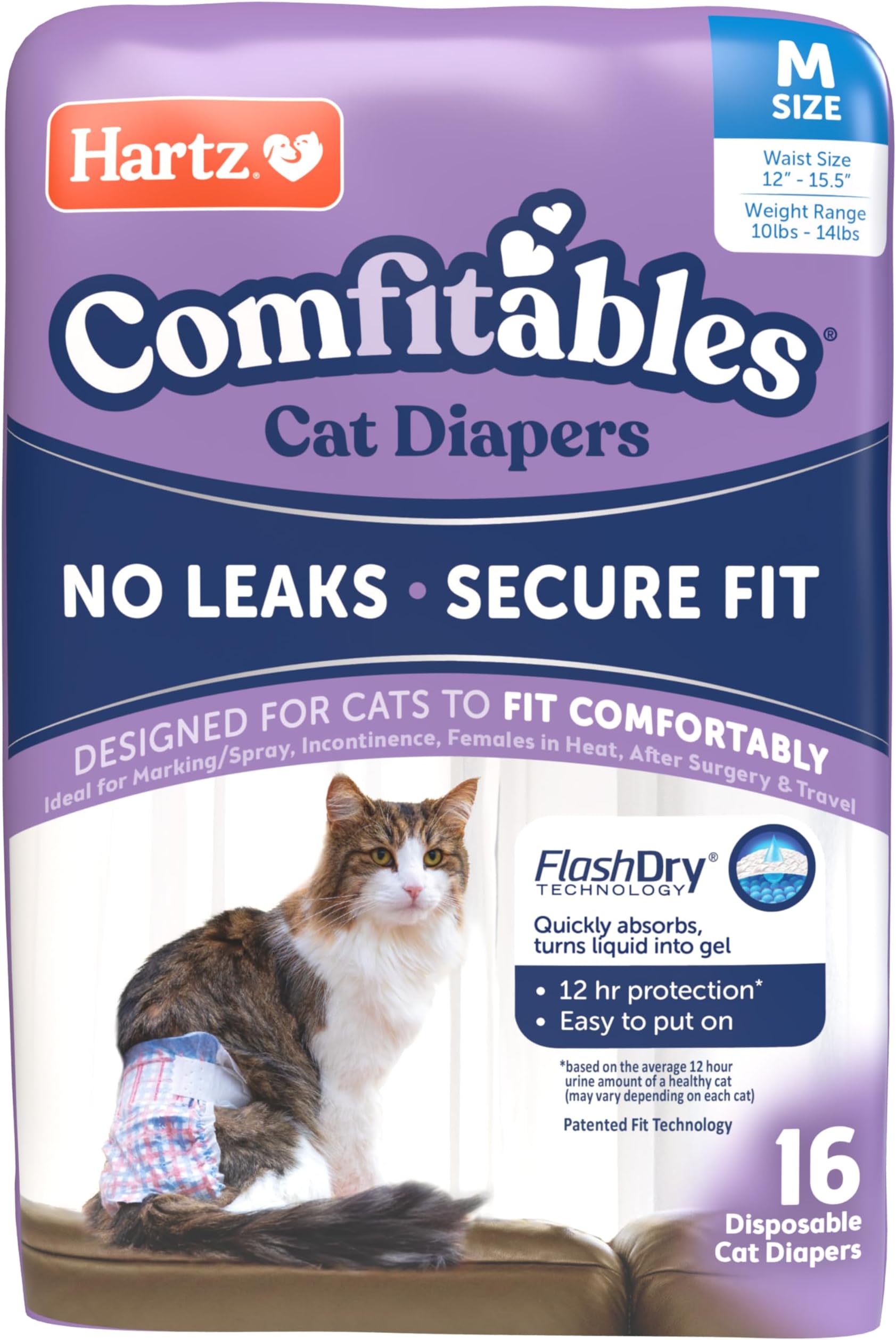 Hartz Comfitables Cat Diapers, Size M 16 Count, Comfortable & Secure Fit, Easy to Put On