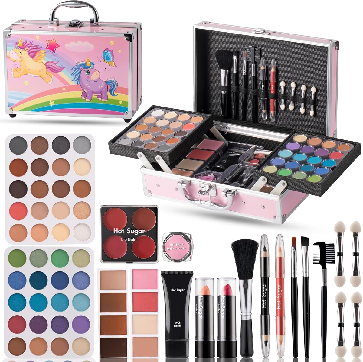 Hot Sugar Makeup Kit with Train Case for Teens (Pink) | Complete makeup set with real cosmetics for beauty practice, gifting, travel and everyday touch-ups.