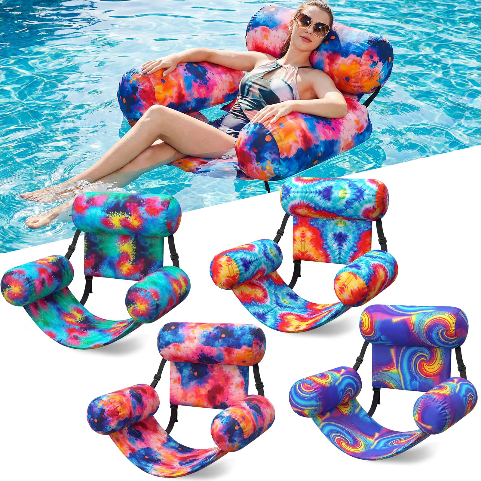 Photo 1 of ***MISSING 2 -SELLINGH AS IS *** Teyva Daily 2 Pack Pool Floats Chairs Adult Inflatable Pool Lounge Chairs Aesthetic Adjustable Fabric Water Floating Hammock for Summer Beach Lake Backyard Parties (Watercolor Tie-dye)