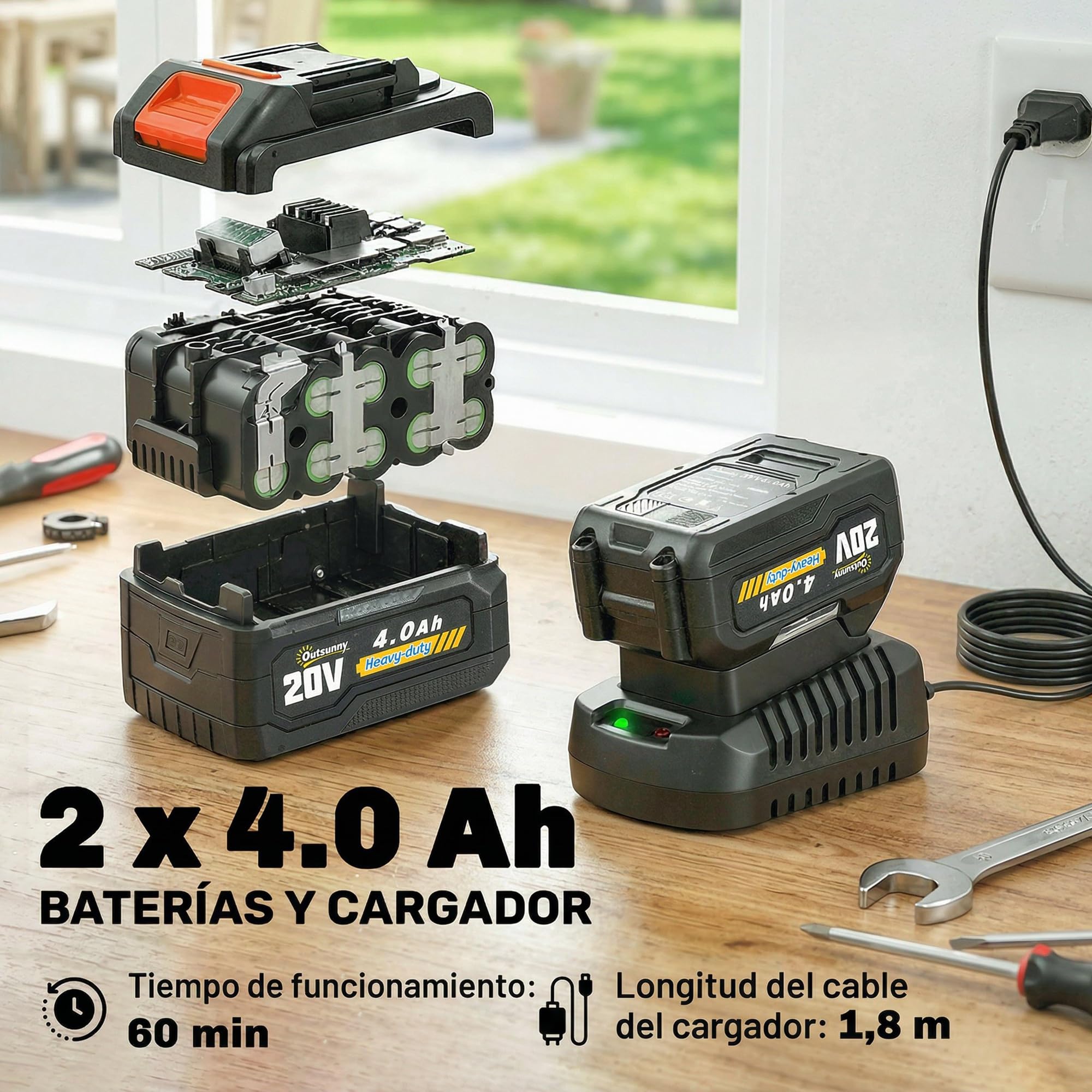 Outsunny Motosierra de Batería Extensible 1,94-2,56 m con Motor 300 W | Motosierra Eléctrica, 2 Baterías 4,0 Ah, Cargador, Doble Bloqueo, Lubricación Automática, Correa, 6 m/s para Podar Árboles