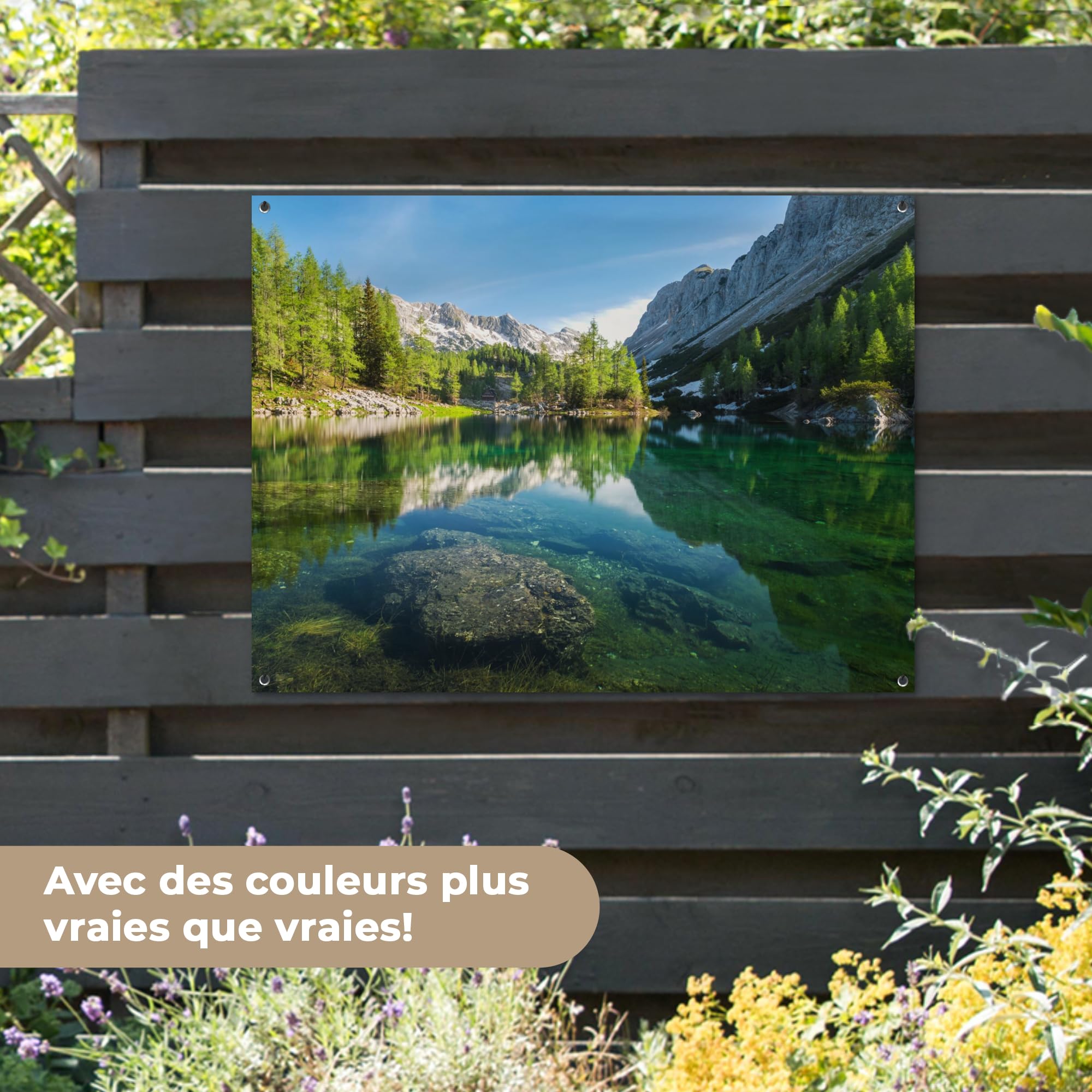 MuchoWow© Decoracion Jardin Exterior Decoración Pared Póster De Jardín | 120x90 cm - Balcón Wall Decoration Patio Posters Decorativos Terraza Agua - Montañas - Rocas