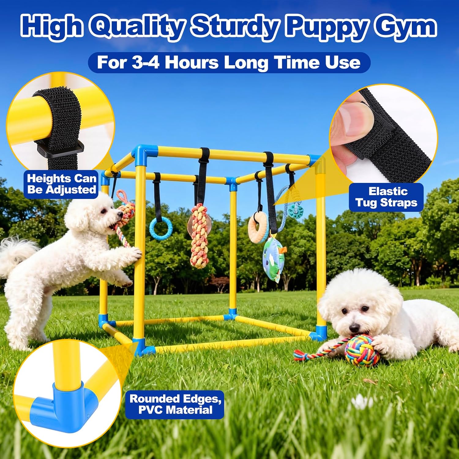 Rosvola Dog Play Gym, PVC Frame with 8 Hanging Toys, Indoor Jungle Gym with Bungee Straps for Puppies, Enrichment Activity Center, 19.69x19.69x19.69in