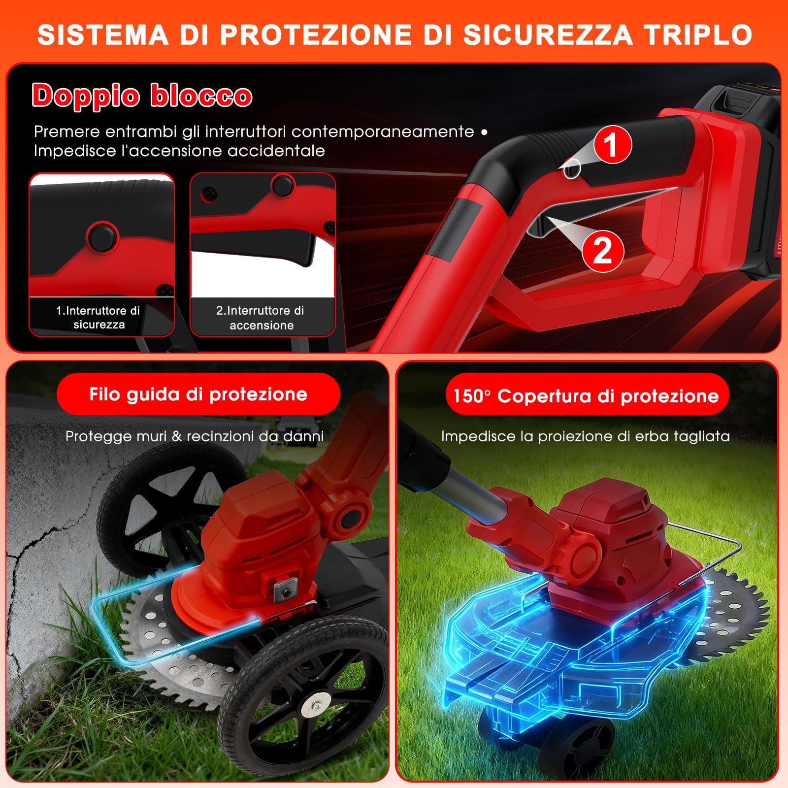 Rasaerba elettrico a batteria, Decespugliatore con 1 batterie da 21 V 4,0 Ah, manico telescopico regolabile, tosaerba a 3 lame, decespugliatore a batteria per giardinaggio