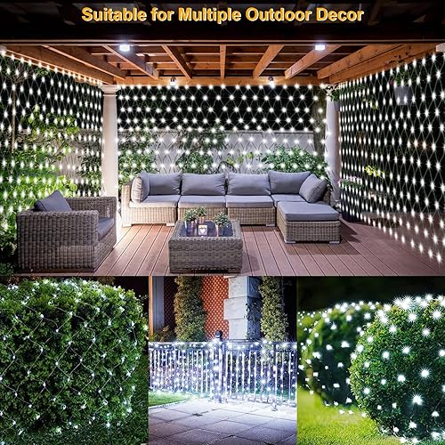 Miniatura 2 de echosari 100 luces LED de red solar para exteriores, 5 pies x 5 pies, luces de malla de arbusto, alambre verde con 8 modos de encendido y apagado