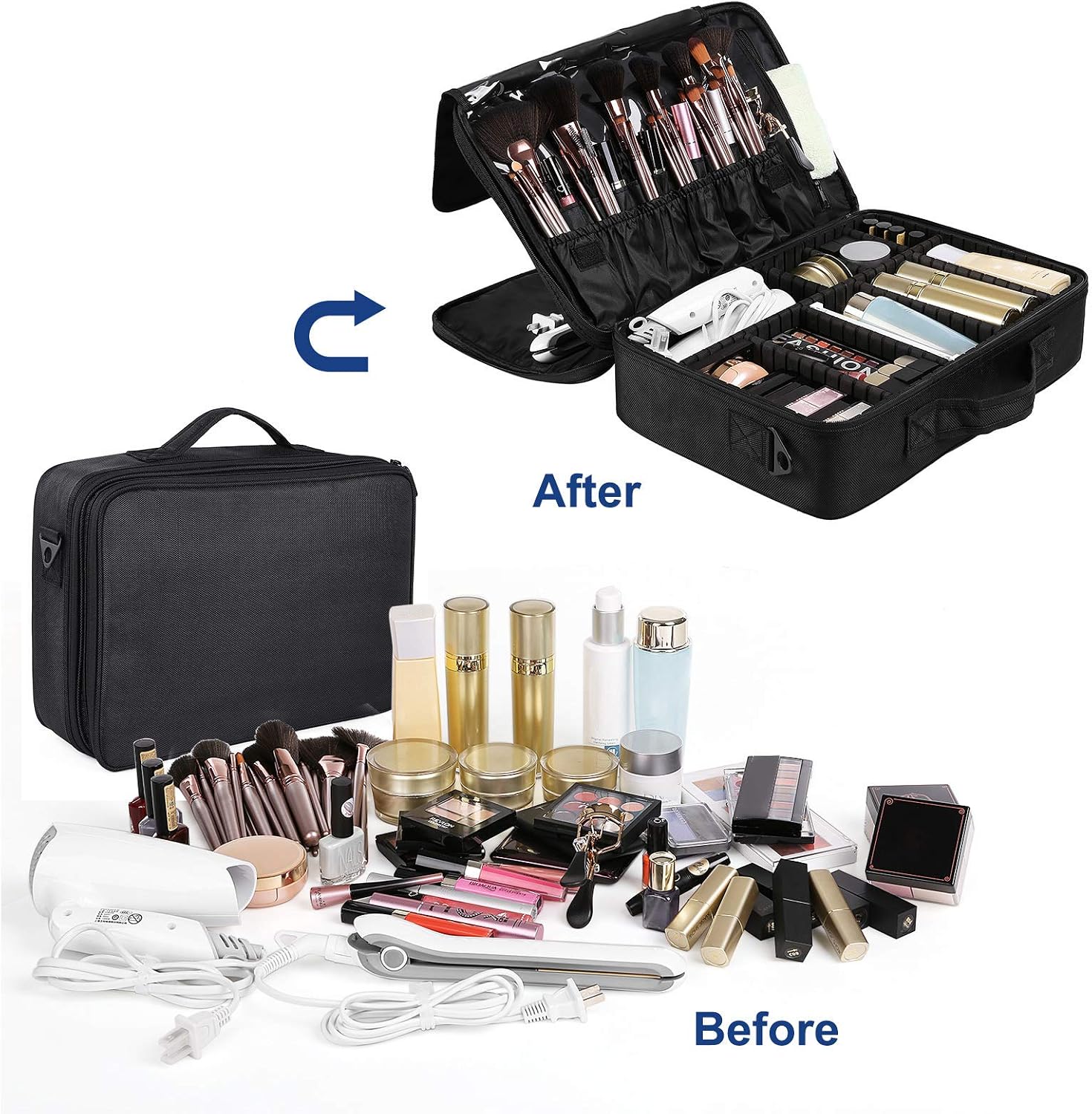 SONGMICS Portable Makeup Train Case 3 Layer Cosmetic Travel Storage Organizer Bag with Dividers and Brush Pockets Black UMUC15B