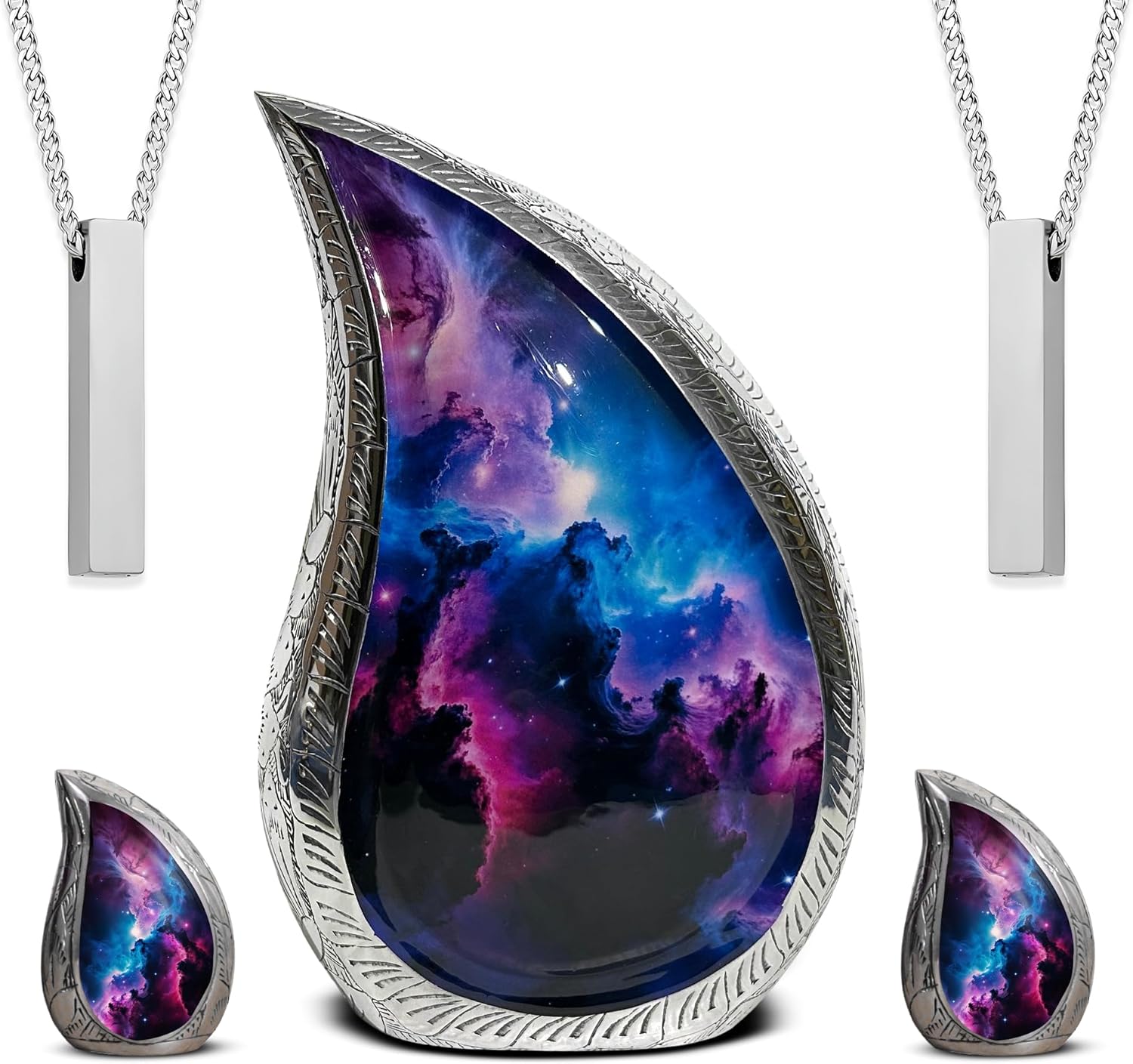 Family Cremation Urn Set for Human Ashes Adult – An Eco-Friendly Tribute Teardrop Design with Large Funeral Urn (220lbs), 2 Small Keepsake Urns & 2 Ash Necklaces for Men & Women (Premium Set, URN Set)