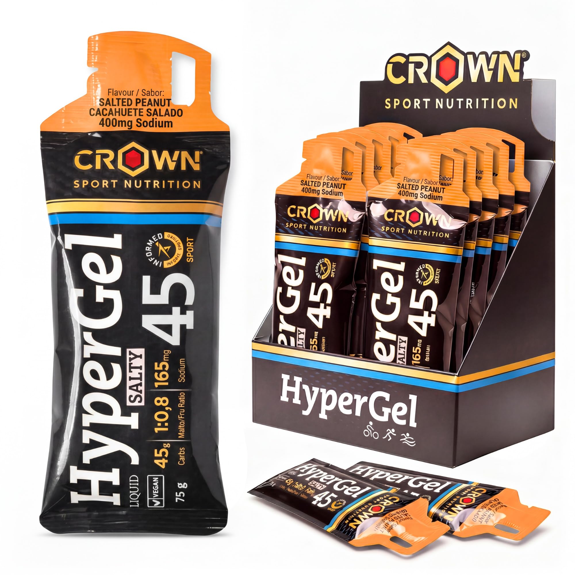 Crown Sport Nutrition HyperGel 45 Cacahuete Salado | Geles Energéticos Running 45g | Sin Cafeína 400mg Sodio Ratio 1:0,8 | Informed Sport | Caja 10x60ml