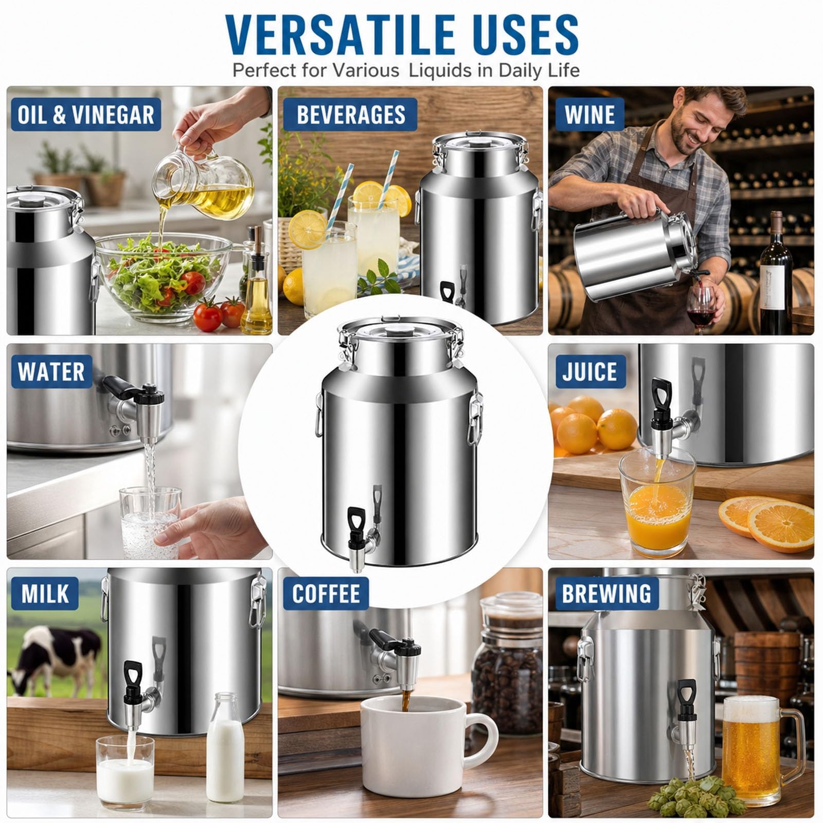 Cántaro de Leche de Acero Inoxidable 304 con Grifo, Cubo Contenedor de Alimentos con Tapa Hermética Antifugas para Almacenamiento de Vino Aceite Agua en Cocina
